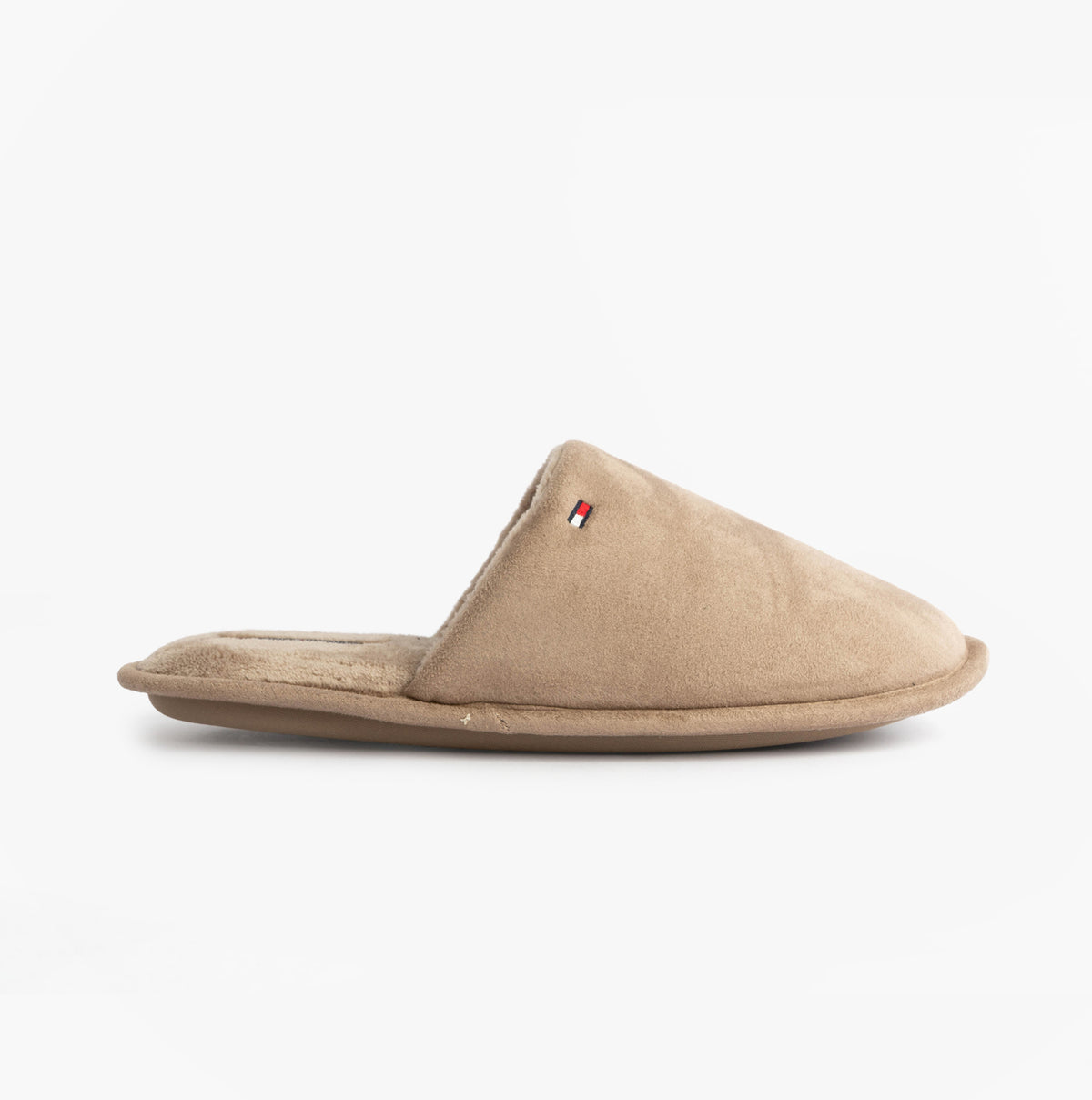Tommy Hilfiger CORE HILFIGER FLAG H Mens Mule Slippers Coastal Taupe side view, soft textile upper, slip-on design.