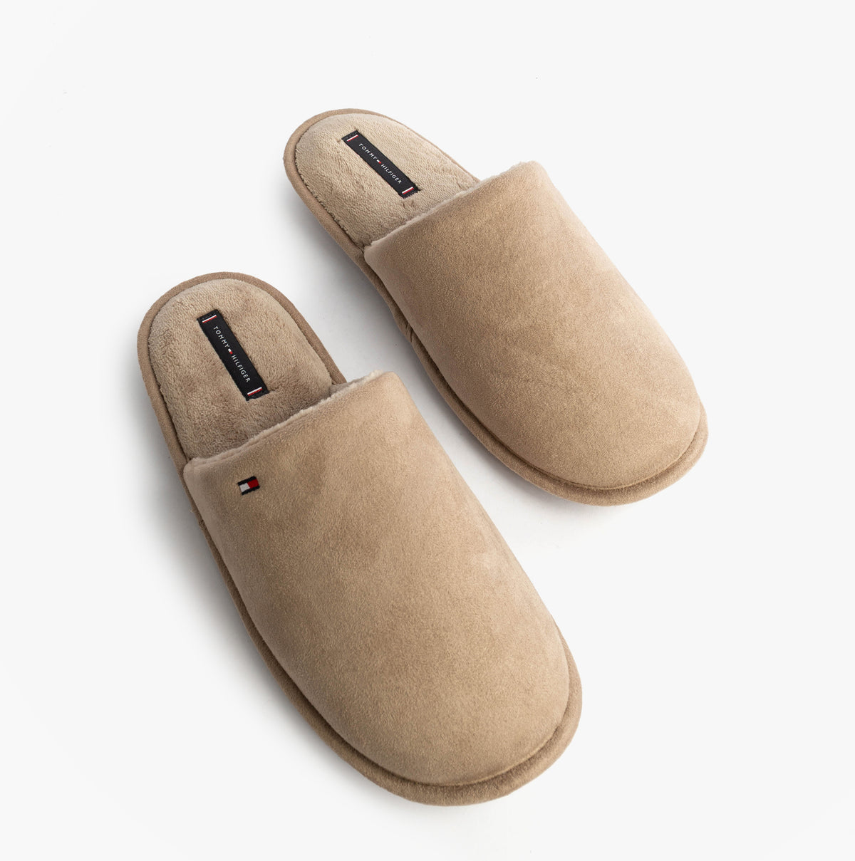Tommy Hilfiger CORE HILFIGER FLAG H Mens Mule Slippers Coastal Taupe side view of slippers