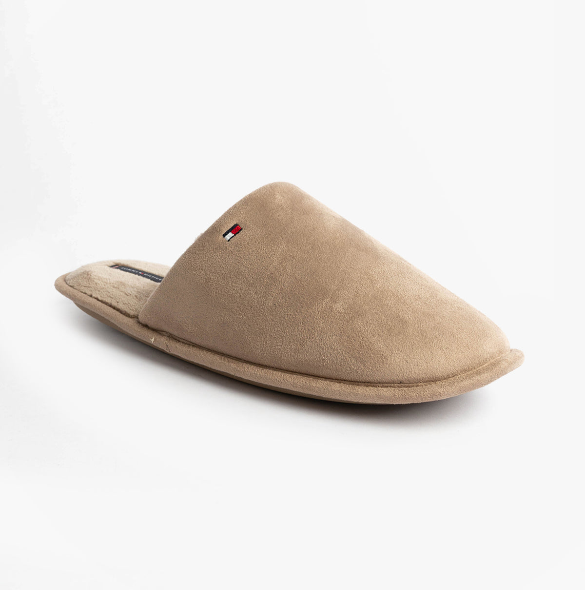 Tommy Hilfiger CORE HILFIGER FLAG H Mens Mule Slippers Coastal Taupe side view of slipper.
