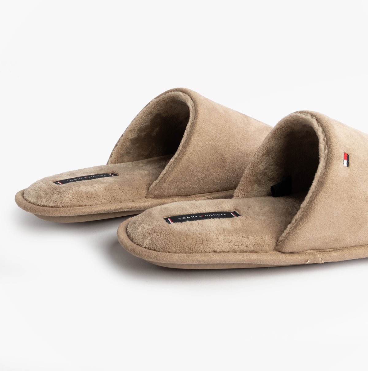 Tommy Hilfiger CORE HILFIGER FLAG H Mens Mule Slippers Coastal Taupe side view showing soft textile upper.