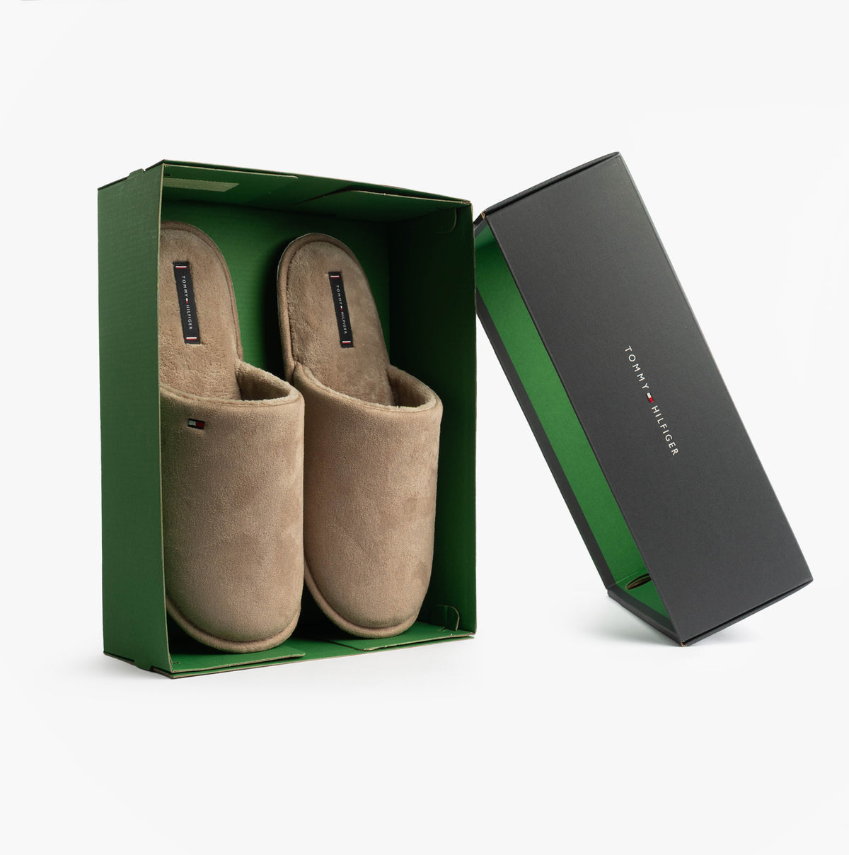 Tommy Hilfiger CORE HILFIGER FLAG H Mens Mule Slippers Coastal Taupe in open gift box, showcasing side view of slippers.