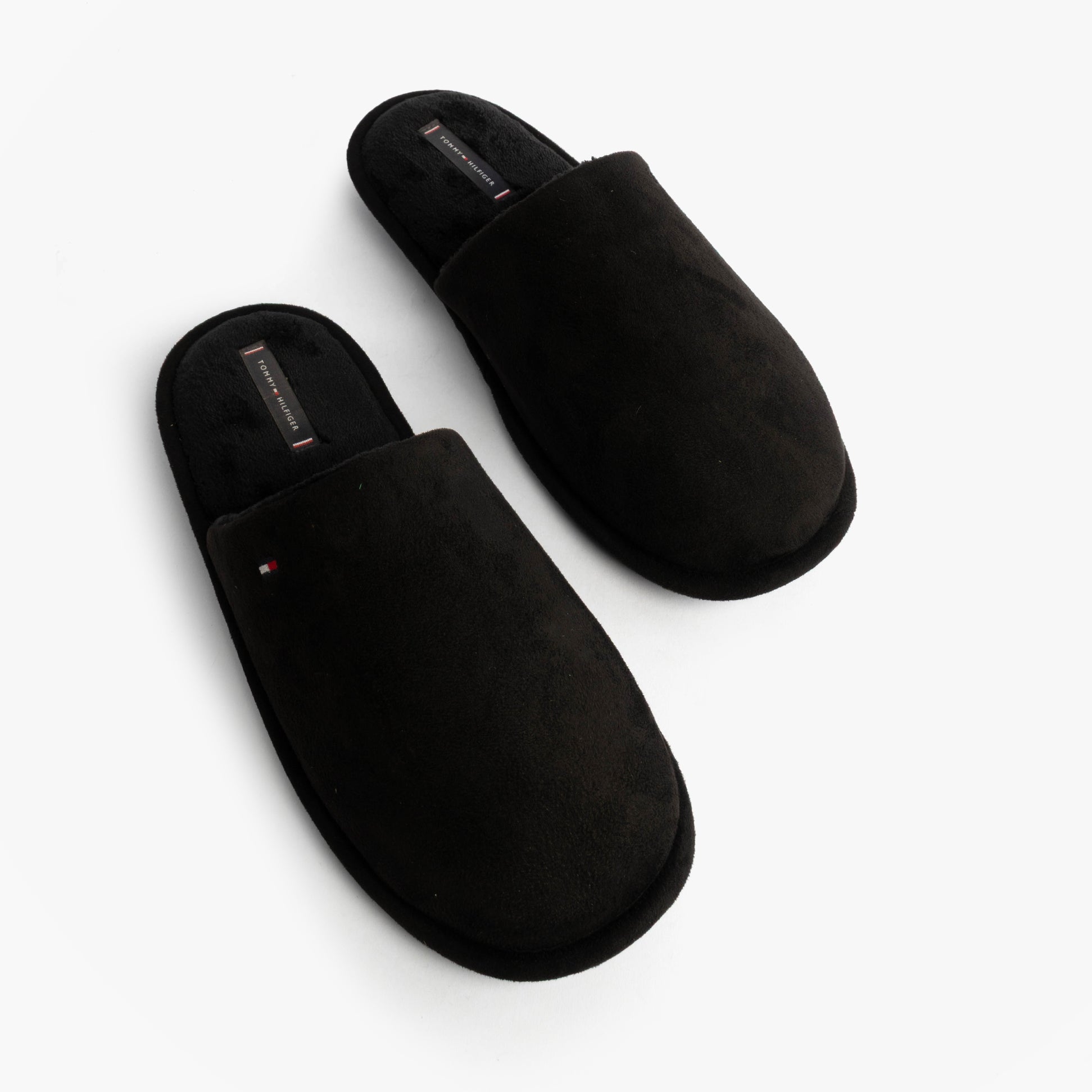 Tommy Hilfiger CORE HILFIGER FLAG H Mens Mule Slippers Black top view showing soft textile upper and slip-on design.