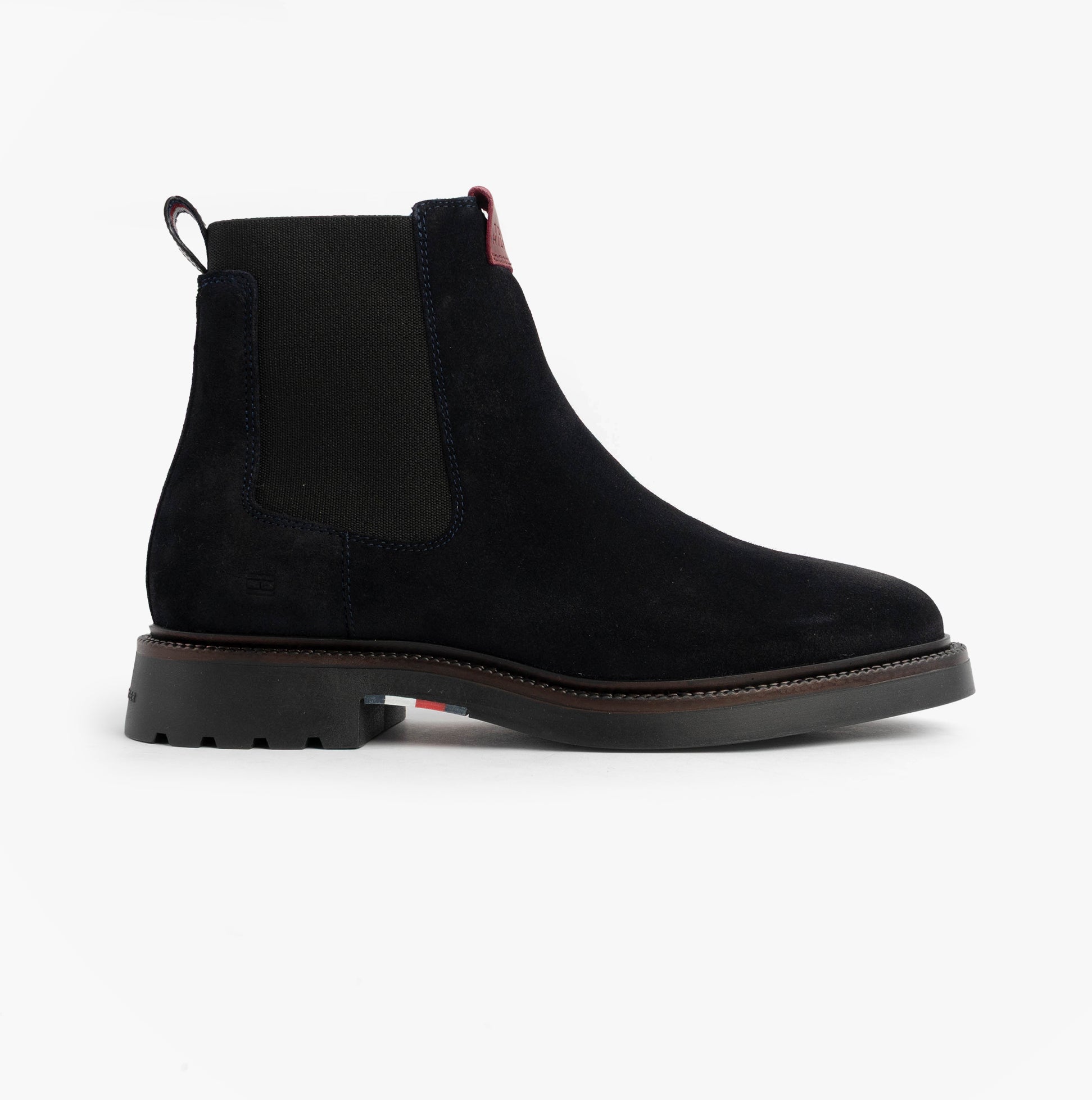 Tommy Hilfiger HILFIGER COMFORT Mens Suede Chelsea Boots Desert Sky side view showcasing black suede and pull-on design.