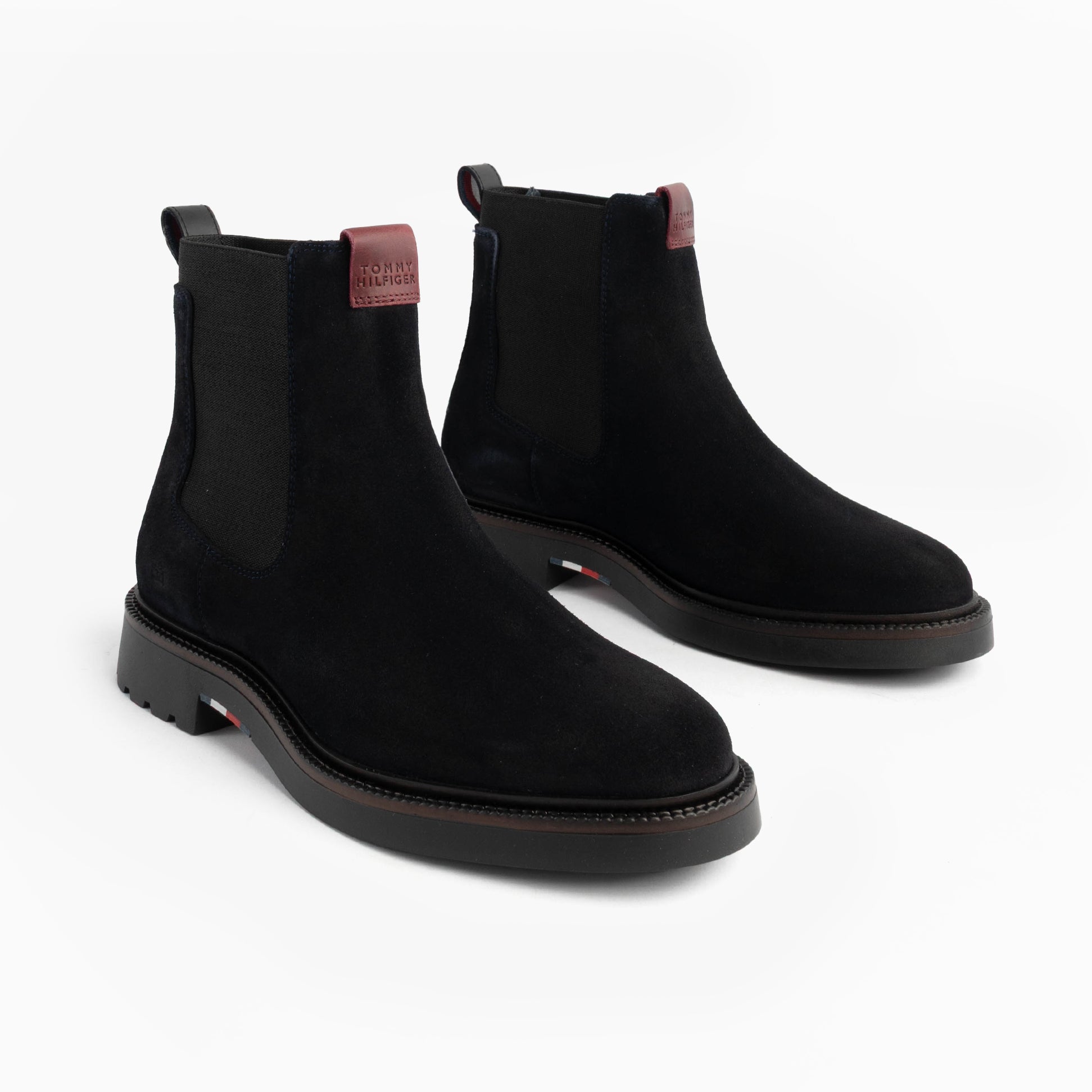 Tommy Hilfiger HILFIGER COMFORT Mens Suede Chelsea Boots Desert Sky side view, showcasing black suede and elastic detailing.