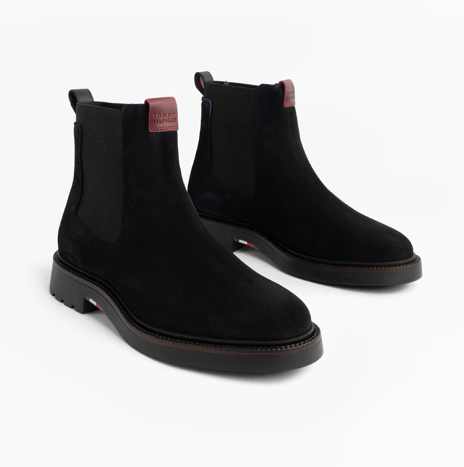 Tommy Hilfiger HILFIGER COMFORT Mens Suede Chelsea Boots Desert Sky side view, showcasing black suede and elastic detailing.