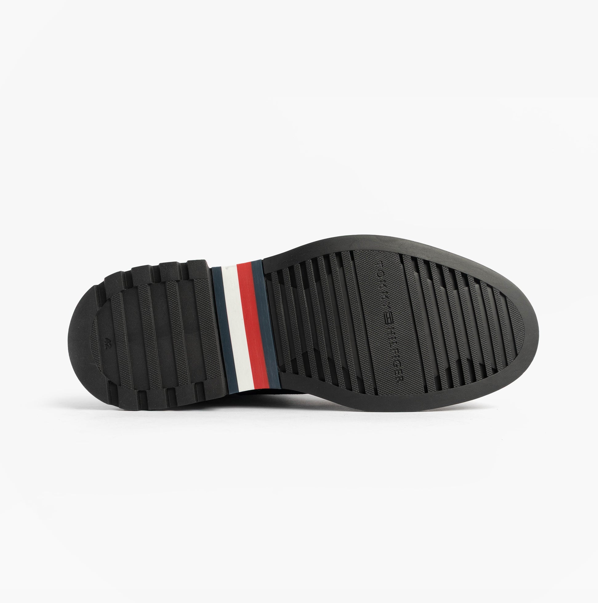 Tommy Hilfiger HILFIGER COMFORT Mens Suede Chelsea Boots Desert Sky bottom view of rubber sole with signature color stripes