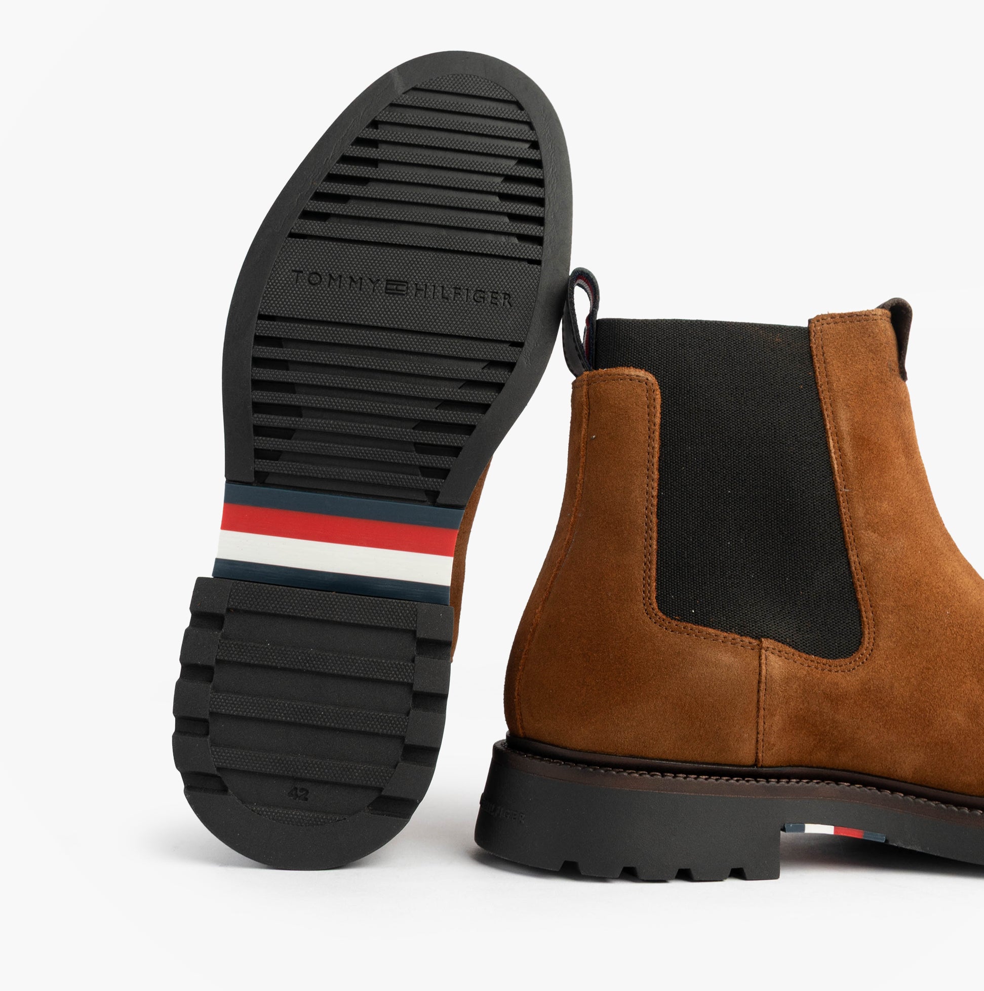 Tommy Hilfiger HILFIGER COMFORT Mens Suede Chelsea Boots Coconut Grove bottom view showcasing sole design and suede upper.