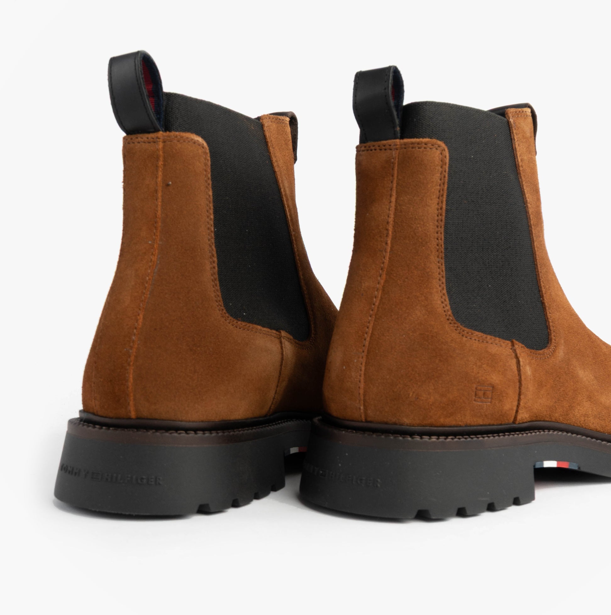 Tommy Hilfiger HILFIGER COMFORT Mens Suede Chelsea Boots Coconut Grove rear view showcasing suede upper and rubber sole.