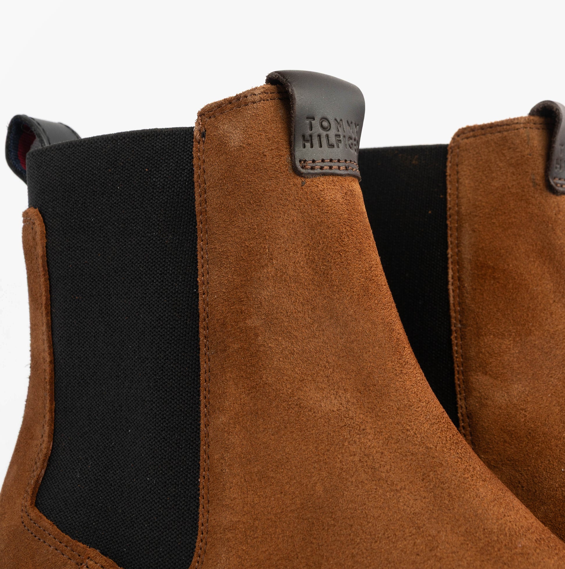Tommy Hilfiger HILFIGER COMFORT Mens Suede Chelsea Boots Coconut Grove detail view of suede upper and elastic panel