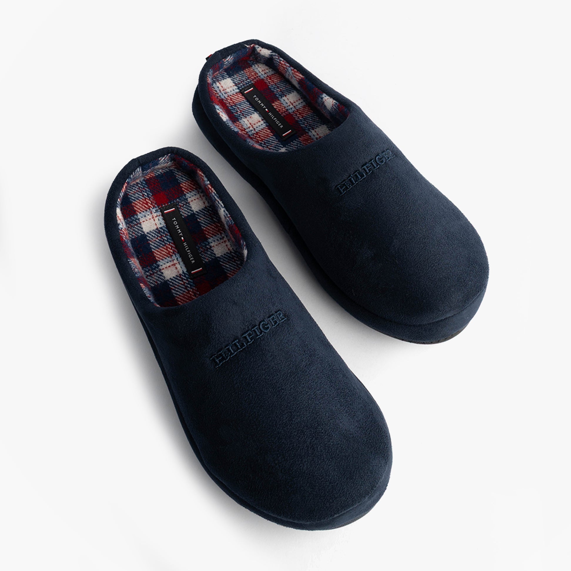 Tommy Hilfiger HILFIGER M SDE CHECK Mens House Slippers Desert Sky top view featuring plaid lining and slip-on design.