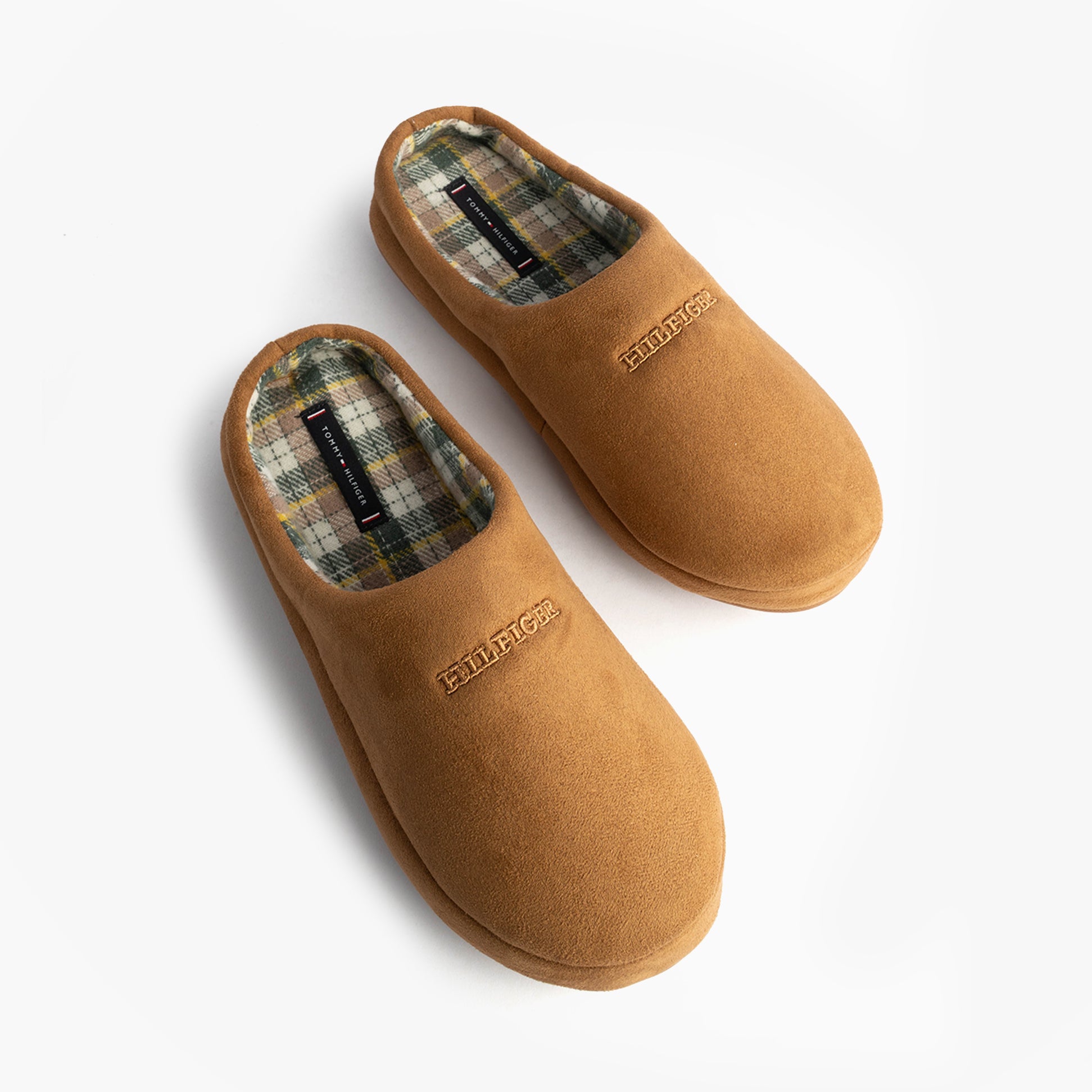 Tommy Hilfiger HILFIGER M SDE CHECK Mens House Slippers Desert Khaki top view showing soft textile upper and plaid lining.