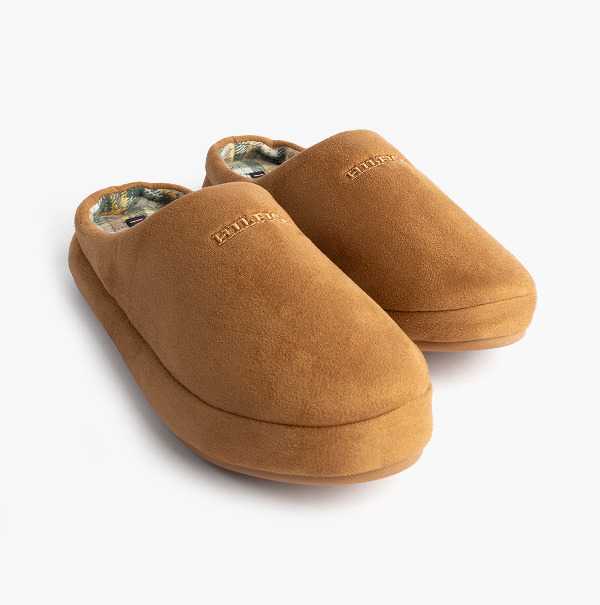 Tommy Hilfiger HILFIGER M SDE CHECK Mens House Slippers Desert Khaki side view of mules with textile upper and lightweight design.