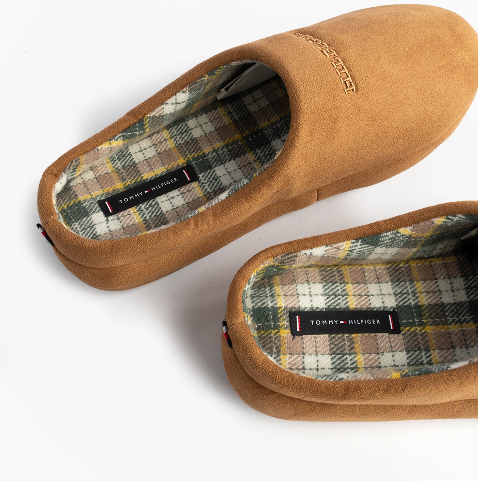 Tommy Hilfiger HILFIGER M SDE CHECK Mens House Slippers Desert Khaki top view of slippers with plaid lining.