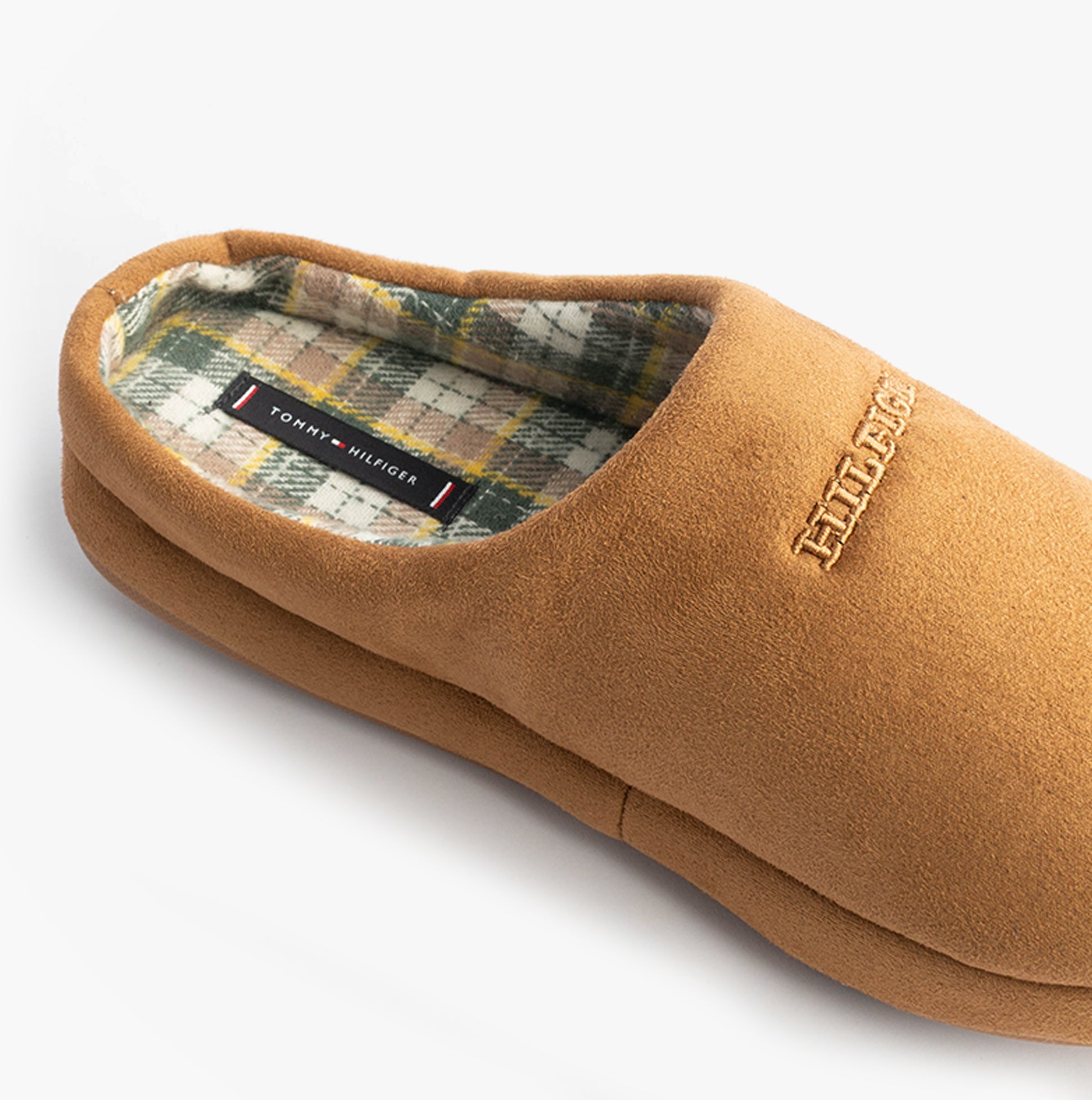 Tommy Hilfiger HILFIGER M SDE CHECK Mens House Slippers Desert Khaki side view showing soft textile upper and slip-on design.