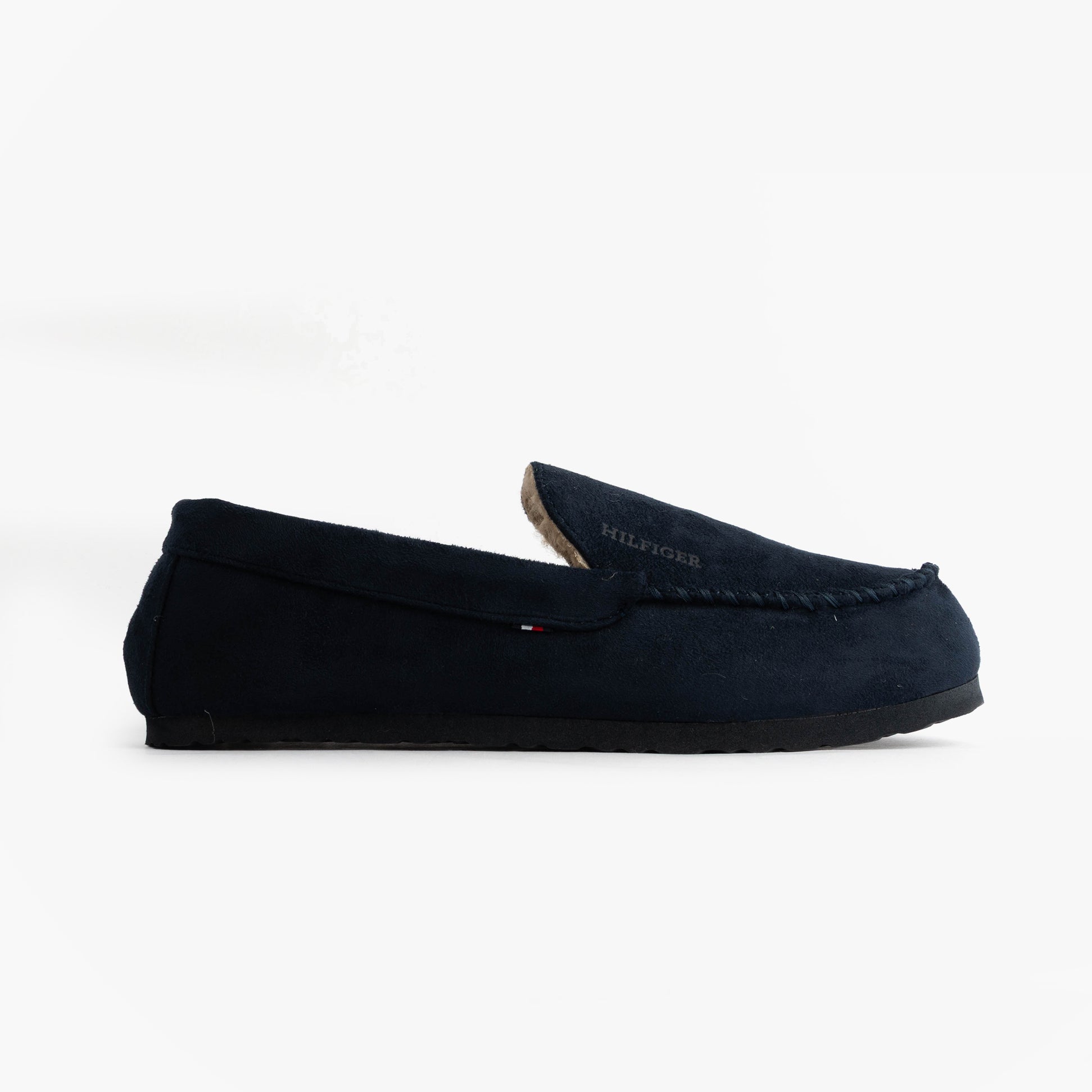 Tommy Hilfiger HILFIGER M SDE DRIVE Mens Mocassin Slippers Desert Sky side view showcasing textile upper and slip-on design.