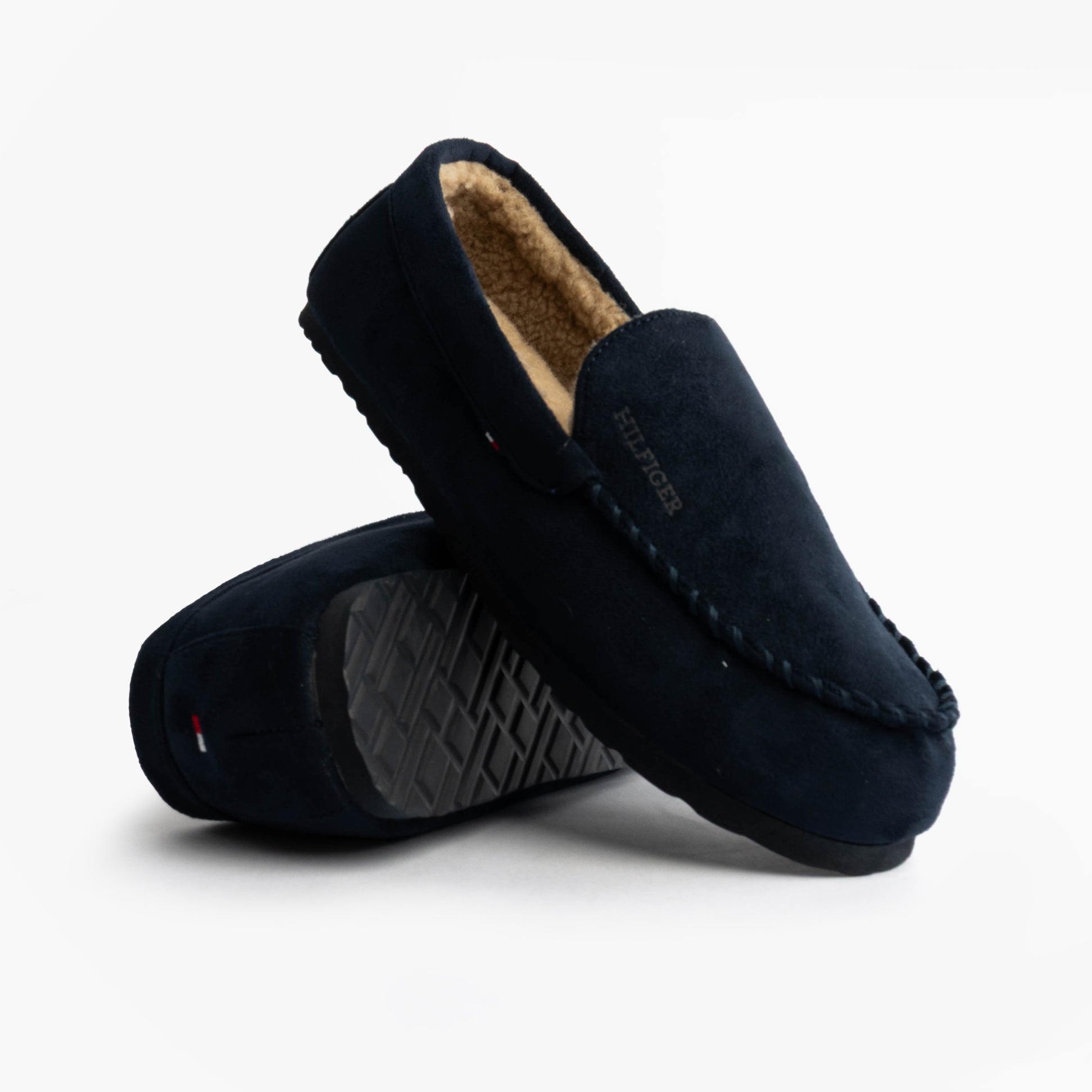 Tommy Hilfiger HILFIGER M SDE DRIVE Mens Mocassin Slippers Desert Sky side view with textured sole and soft lining.
