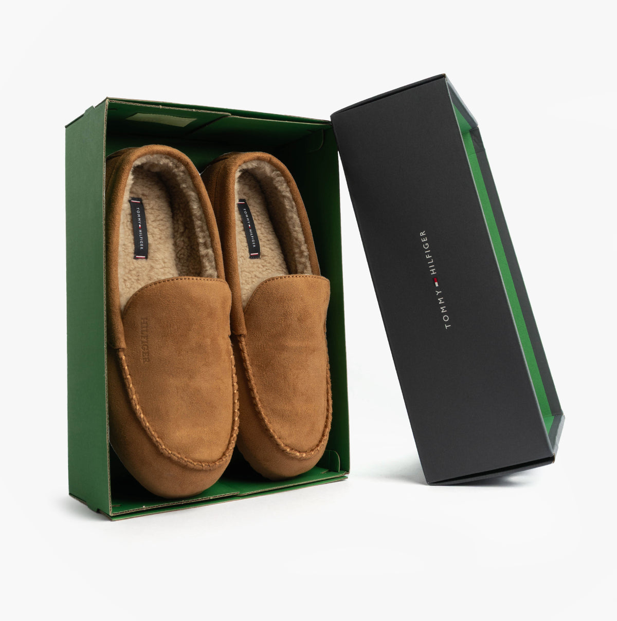 Tommy Hilfiger HILFIGER M SDE DRIVE Mens Mocassin Slippers Desert Khaki side view in a gift box