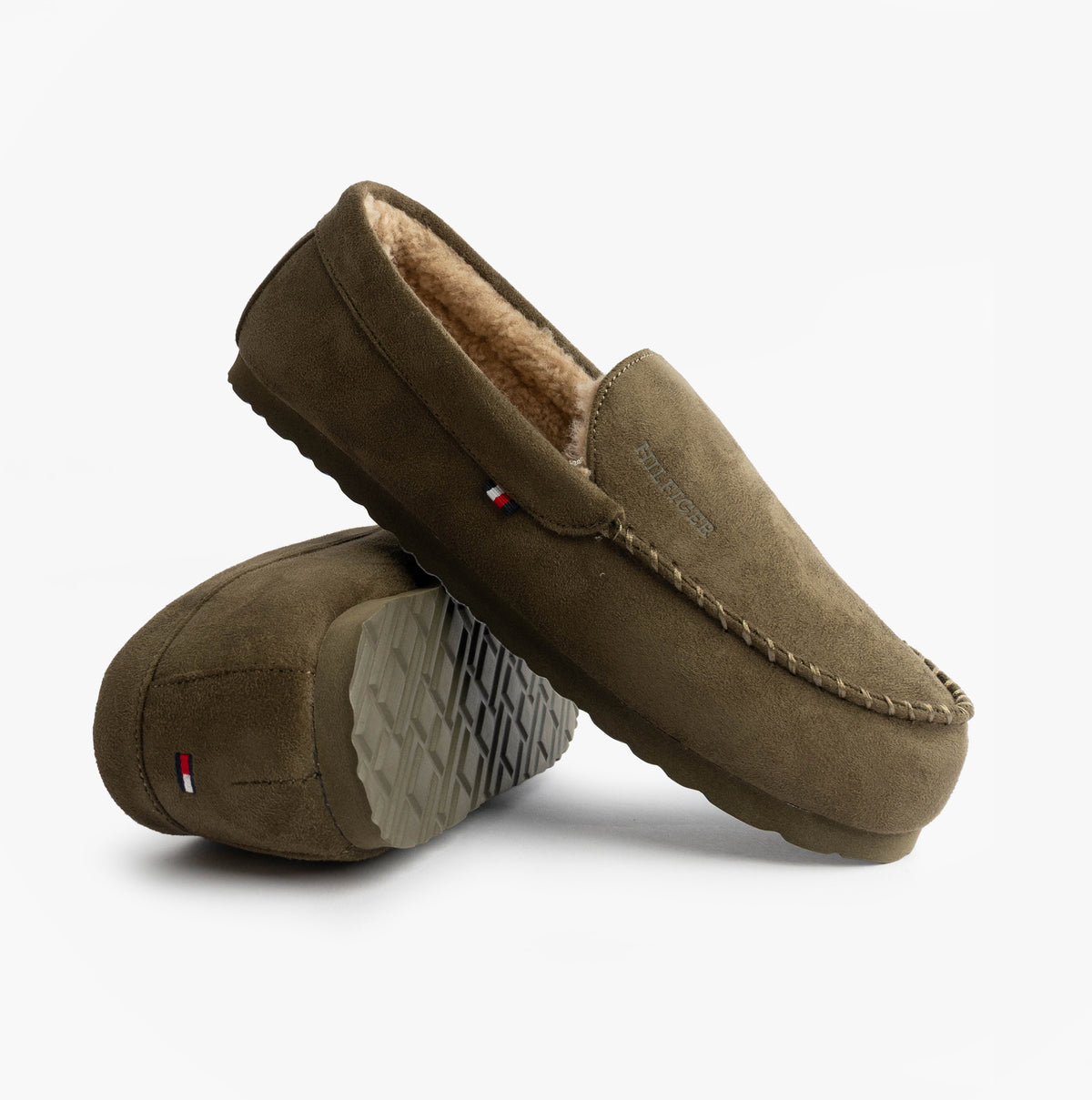 Tommy Hilfiger HILFIGER M SDE DRIVE Mens Mocassin Slippers Army Green side view showing plush interior and textured sole.