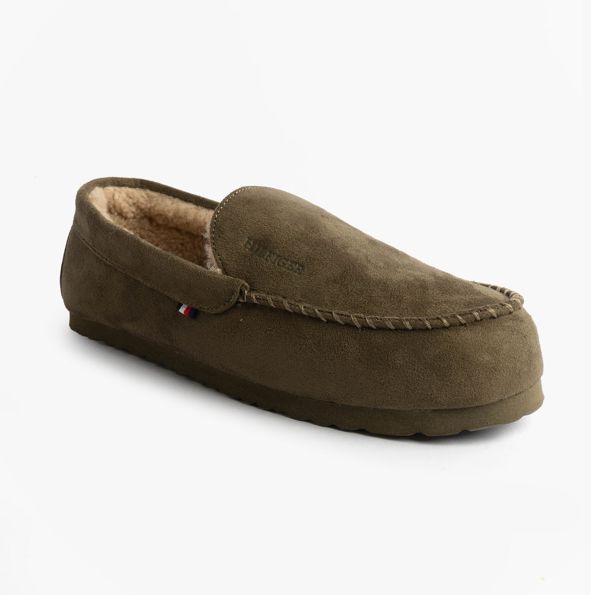 Tommy Hilfiger HILFIGER M SDE DRIVE Mens Mocassin Slippers Army Green side view of moccasin slippers with soft lining