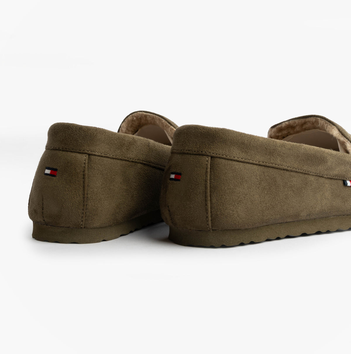 Tommy Hilfiger HILFIGER M SDE DRIVE Mens Mocassin Slippers Army Green back view with textured suede finish.