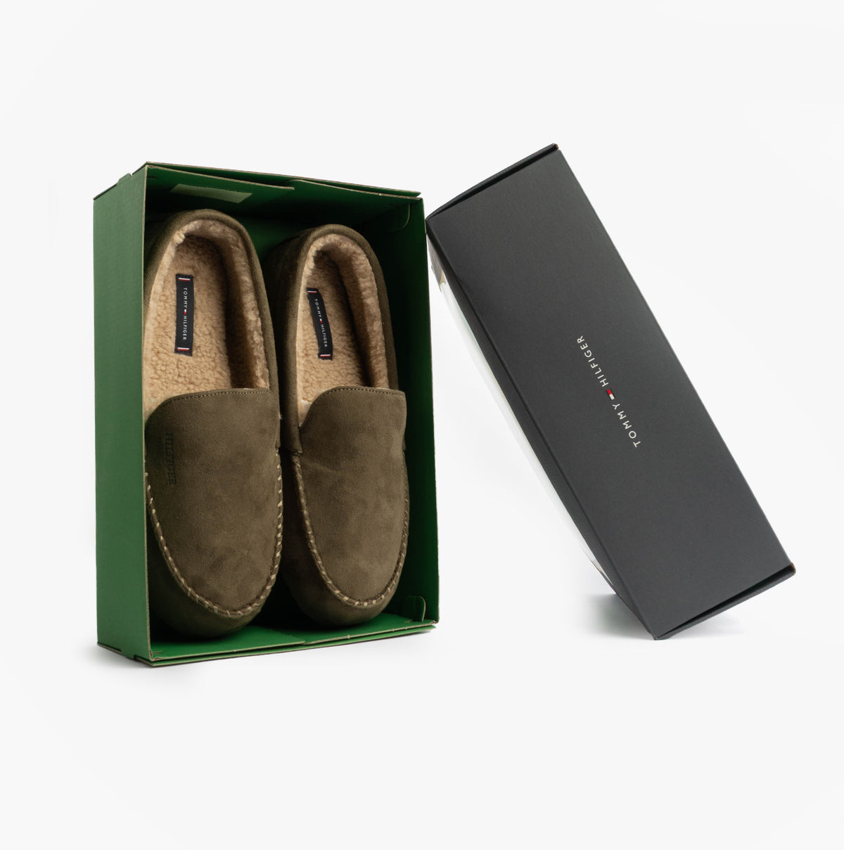 Tommy Hilfiger HILFIGER M SDE DRIVE Mens Mocassin Slippers Army Green in gift box, side view showing slippers and packaging.