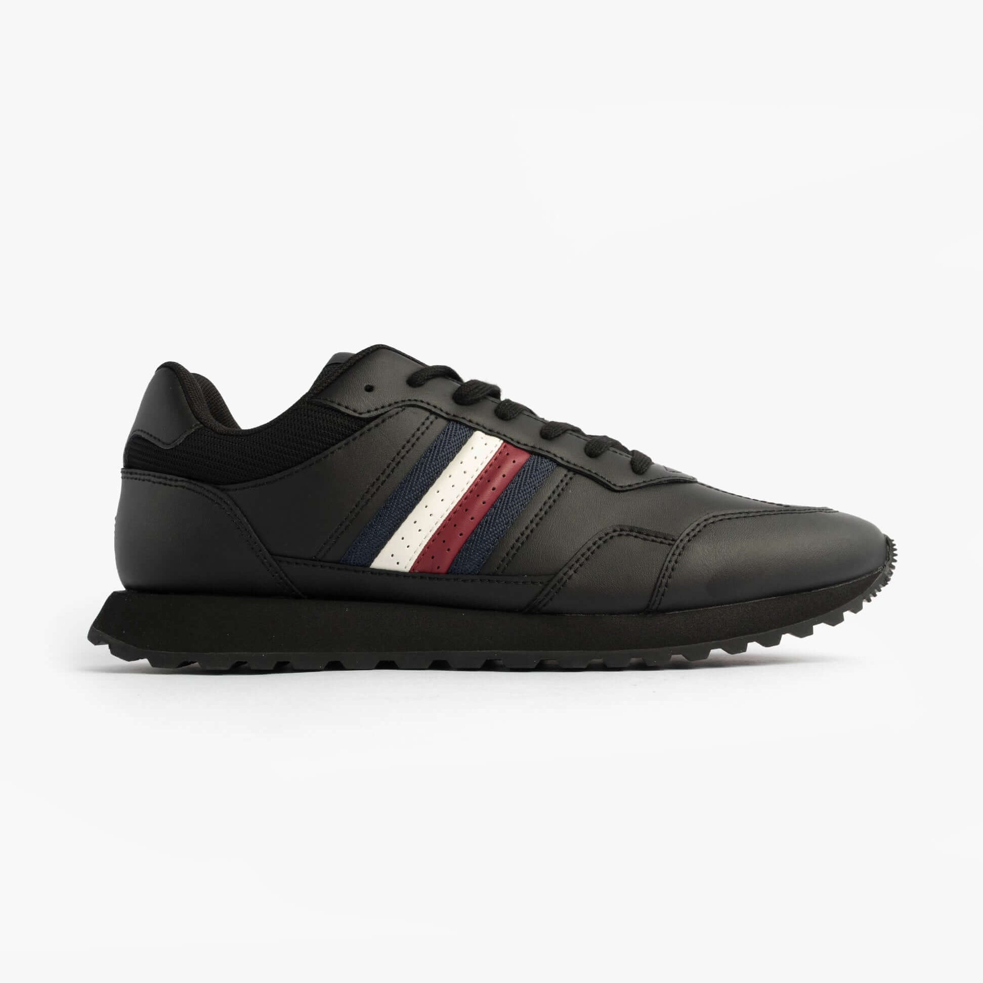 Tommy Hilfiger Mens Signature Tape Cleat Leather Trainers Black side view featuring black leather and colorful stripes.