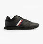 Tommy Hilfiger Mens Signature Tape Cleat Leather Trainers Black side view featuring black leather and colorful stripes.