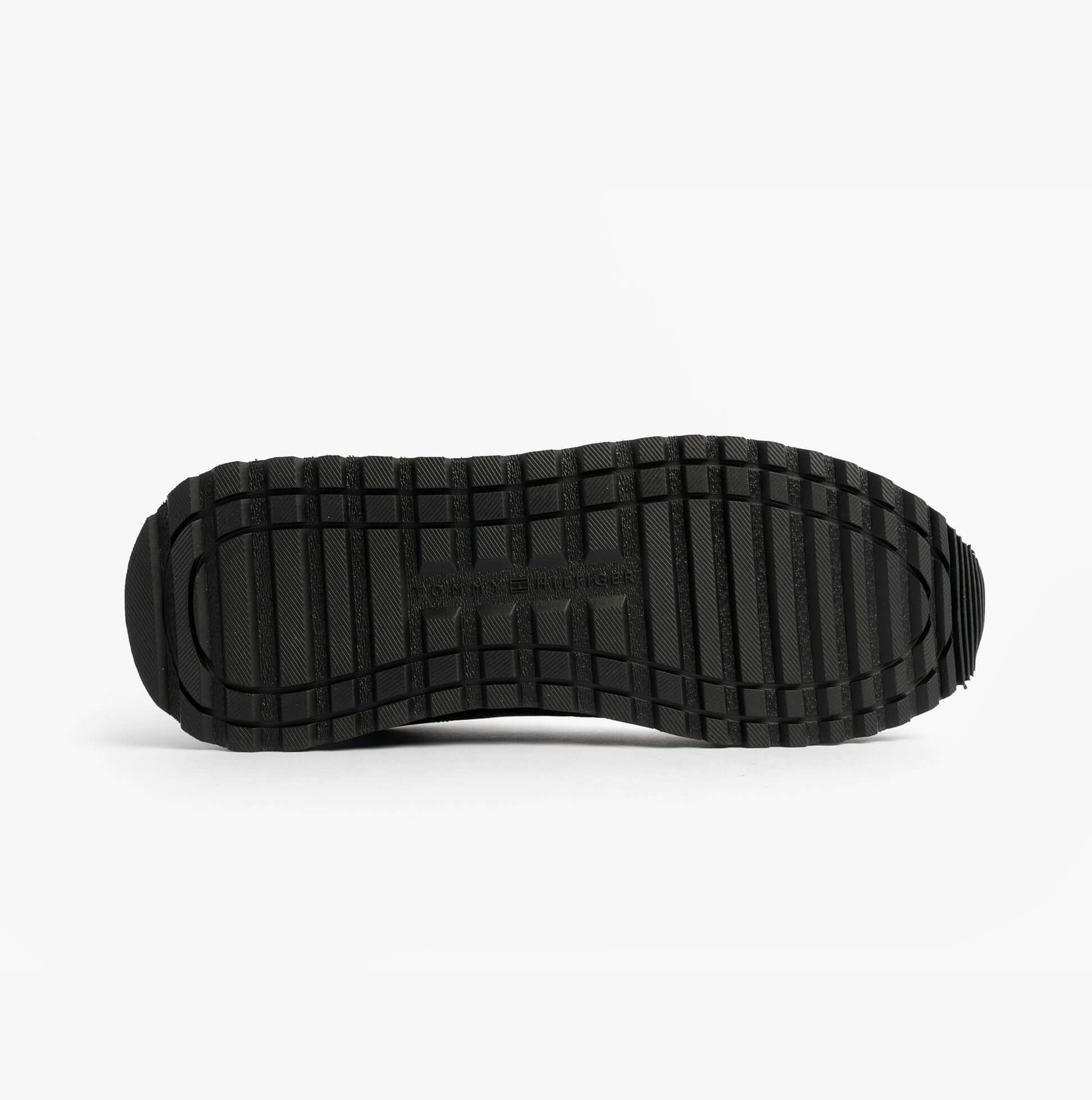 Tommy Hilfiger Mens Signature Tape Cleat Leather Trainers Black bottom view showing rubber sole design and grip.