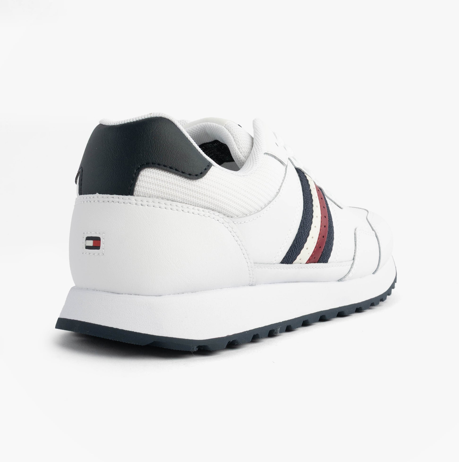 Tommy Hilfiger Mens Signature Tape Cleat Leather Trainers White rear view with black, red, and navy stripes.