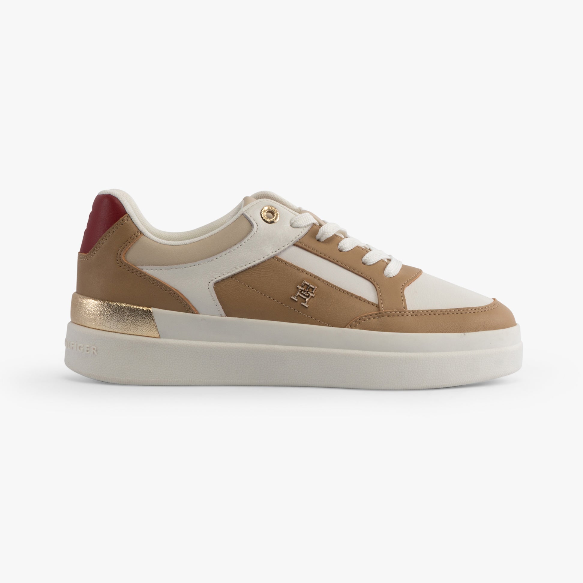 Tommy Hilfiger MONOGRAM METALLIC LEATHER Womens Court Trainers Classic Khaki side view showcasing casual design.