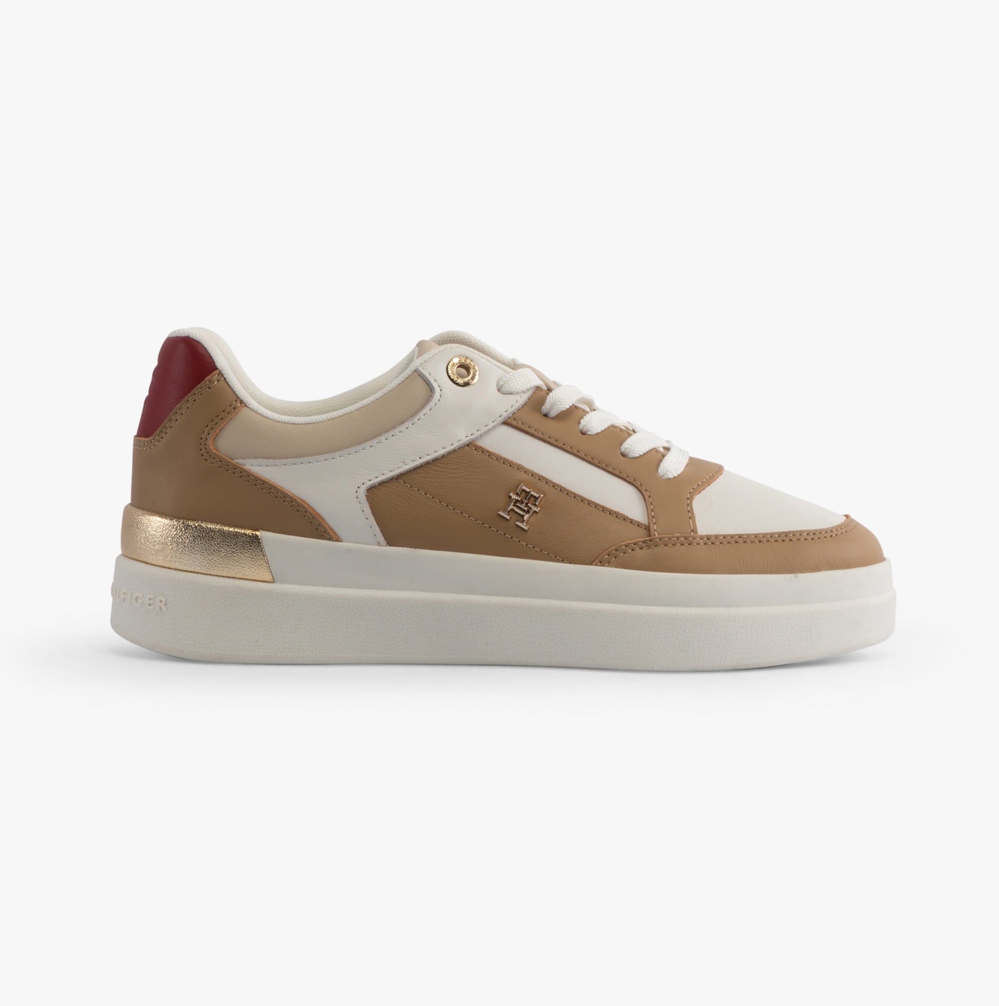 Tommy Hilfiger MONOGRAM METALLIC LEATHER Womens Court Trainers Classic Khaki side view showcasing casual design.