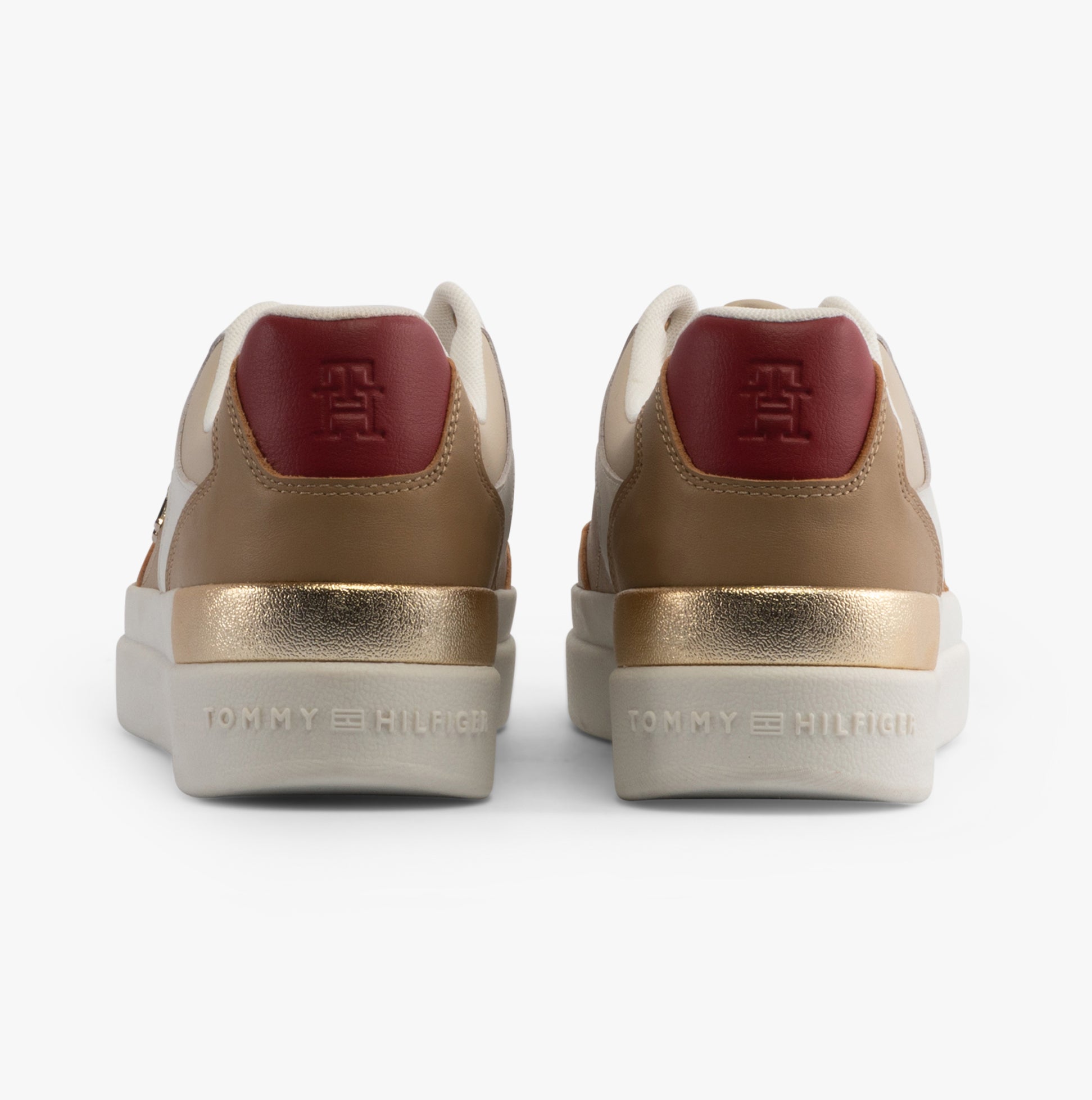 Tommy Hilfiger MONOGRAM METALLIC LEATHER Womens Court Trainers Classic Khaki rear view with golden accents.