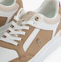 Tommy Hilfiger MONOGRAM METALLIC LEATHER Womens Court Trainers Classic Khaki front view showcasing round toe and lace-up design.