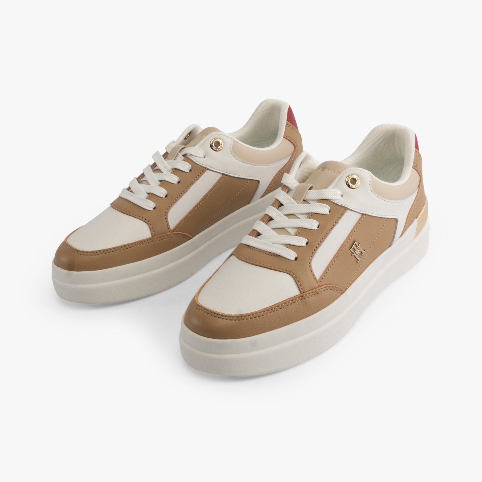 Tommy Hilfiger MONOGRAM METALLIC LEATHER Womens Court Trainers Classic Khaki front view showcasing casual design and platform sole.