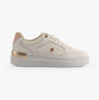 Tommy Hilfiger MONOGRAM METALLIC LEATHER Womens Court Trainers Ancient White side view showcasing platform design