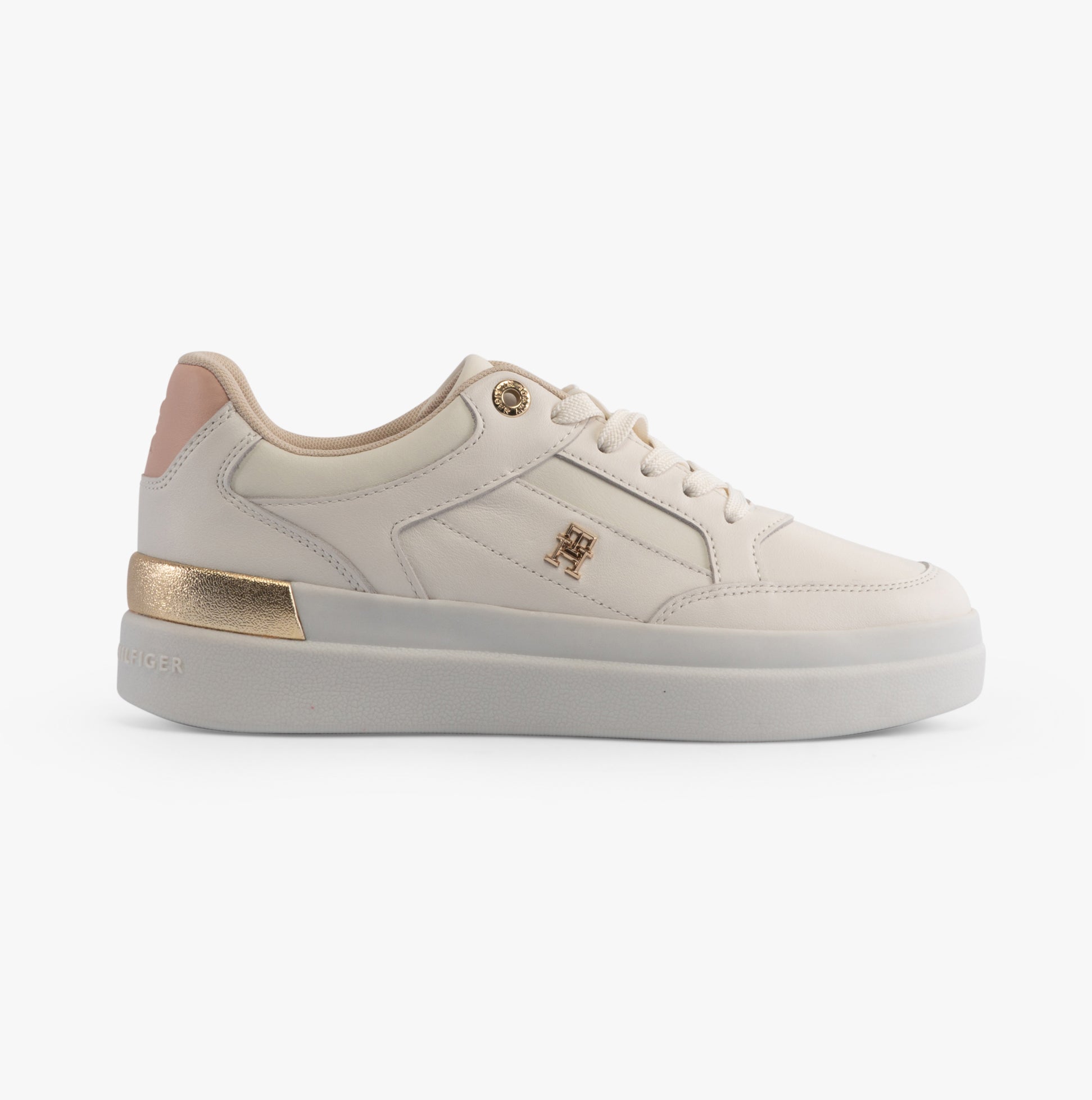 Tommy Hilfiger MONOGRAM METALLIC LEATHER Womens Court Trainers Ancient White side view showcasing platform design