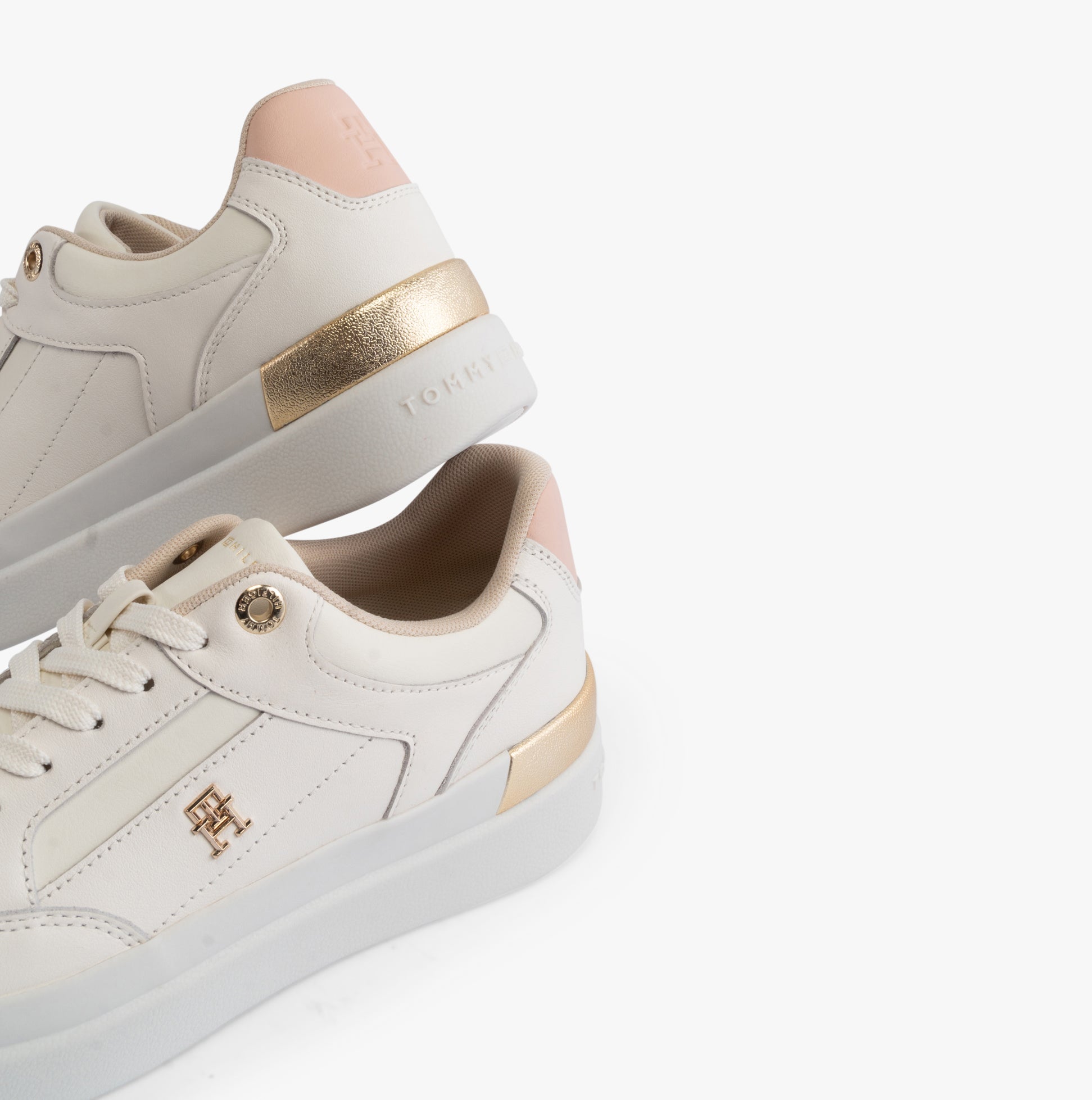 Tommy Hilfiger MONOGRAM METALLIC LEATHER Womens Court Trainers Ancient White side view with gold detail
