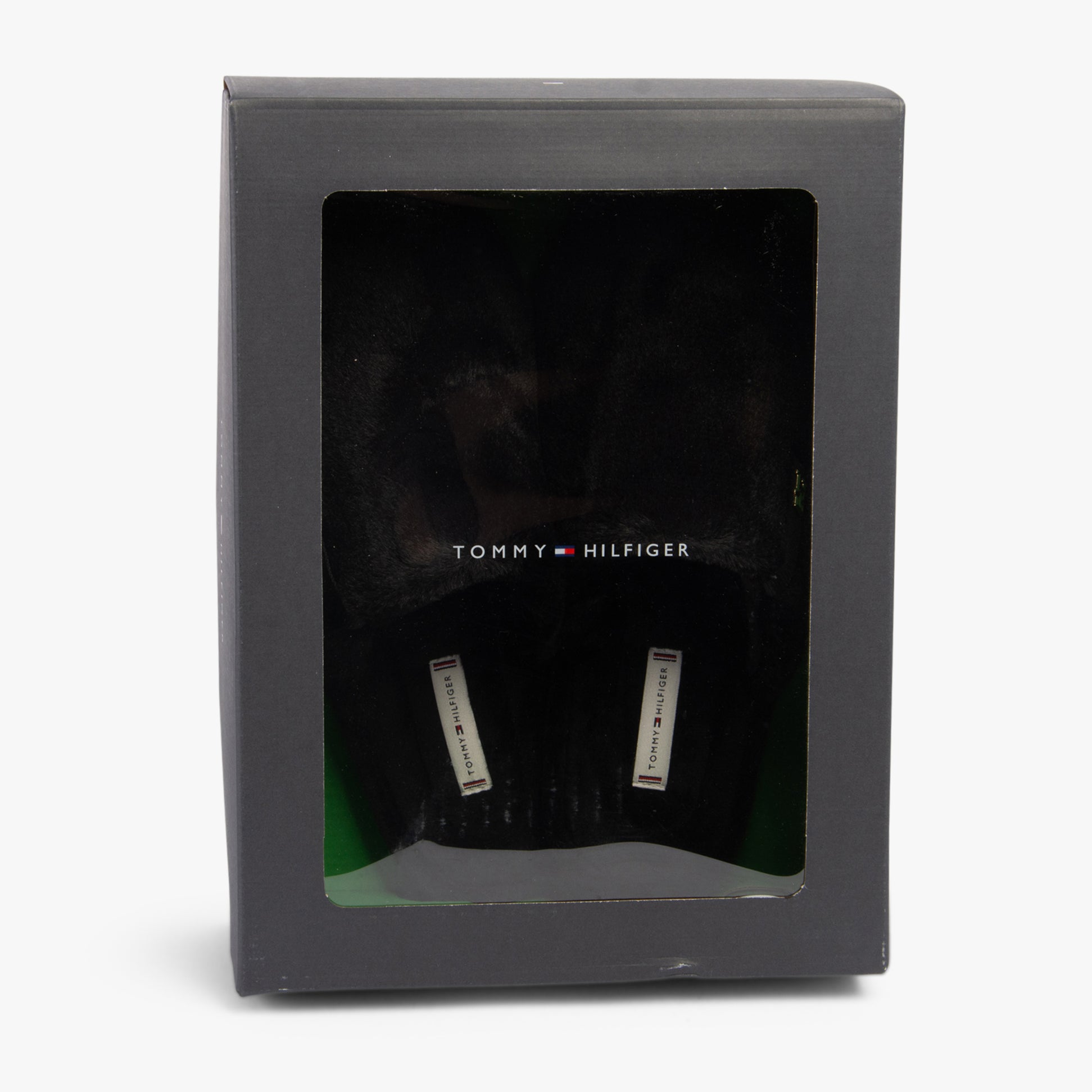 Tommy Hilfiger COMFORT HOME SLIP Womens Slippers Black in gift box front view with transparent window.