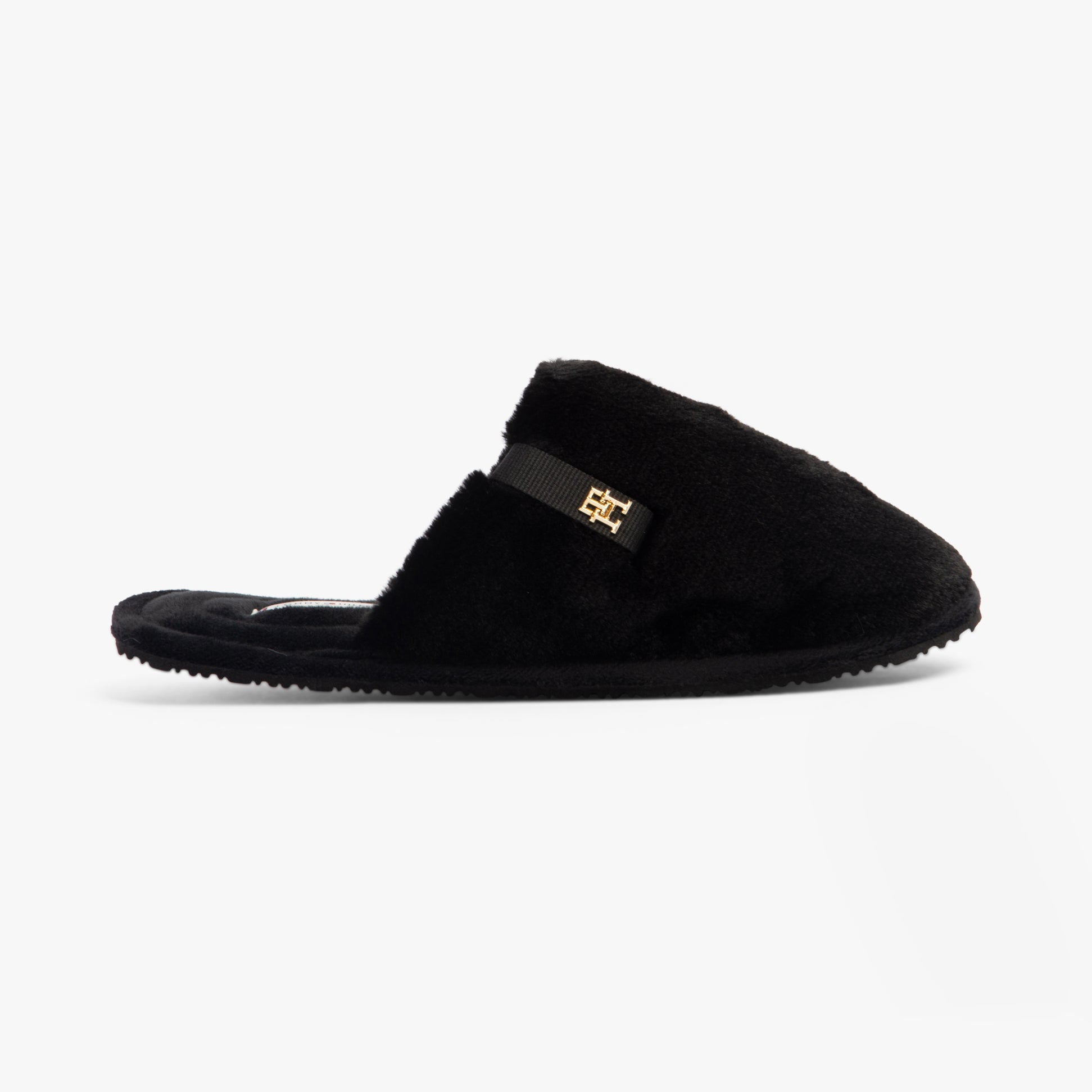 Tommy Hilfiger COMFORT HOME SLIP Womens Slippers Black side view showing soft textile upper and round toe design.