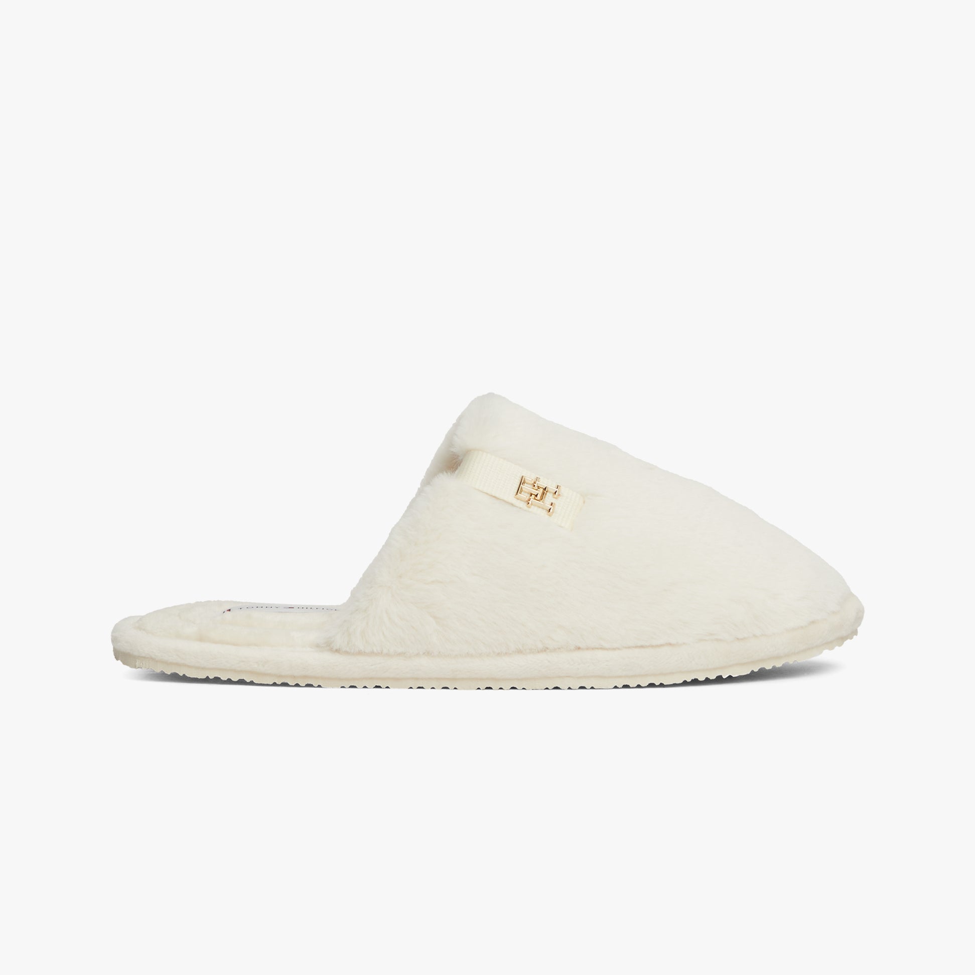 Tommy Hilfiger COMFORT HOME SLIP Womens Slippers Ancient White side view showcasing soft textile upper and round toe.