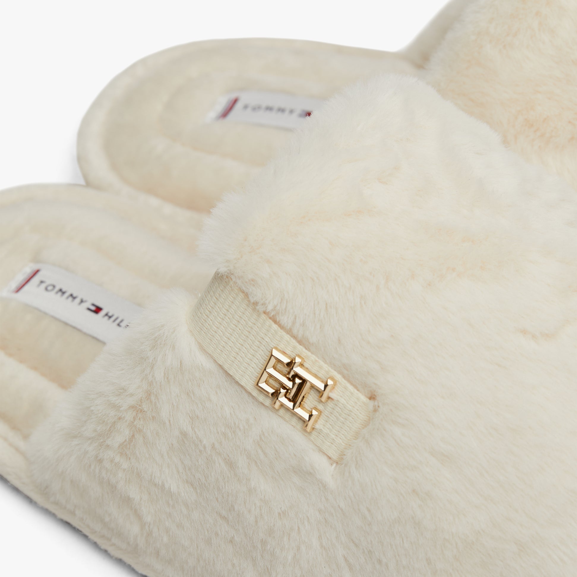 Tommy Hilfiger COMFORT HOME SLIP Womens Slippers Ancient White detail view showing soft textile upper and gold logo