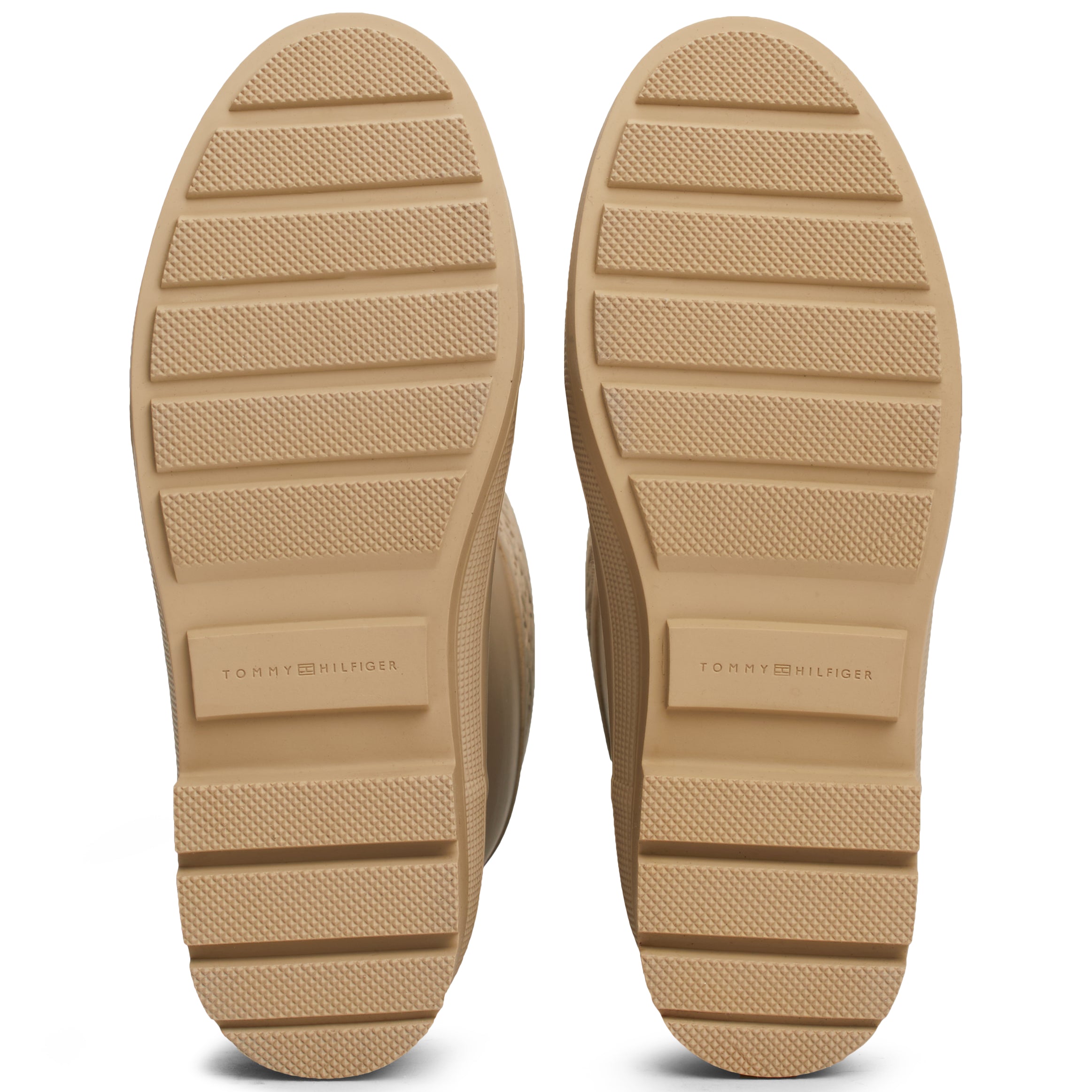 Tommy Hilfiger RUBBER Womens Welly Boots Beige bottom view showing rubber sole and tread pattern.