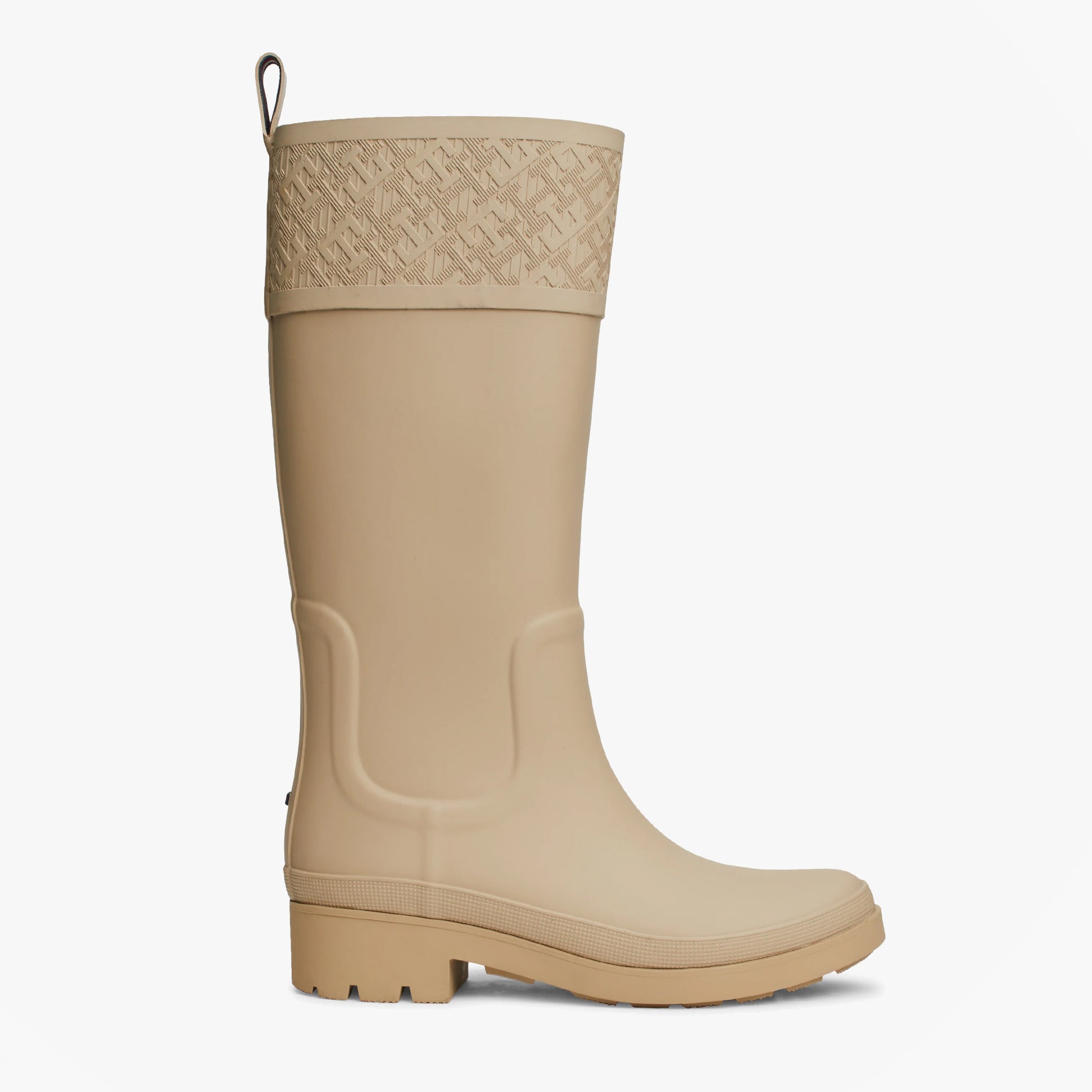 Tommy Hilfiger RUBBER Womens Welly Boots Beige side view showcasing rubber upper and block heel.