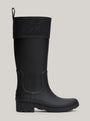 Tommy Hilfiger RUBBER Womens Long Boots Black side view showcasing the tall, waterproof rubber design and comfortable fit.