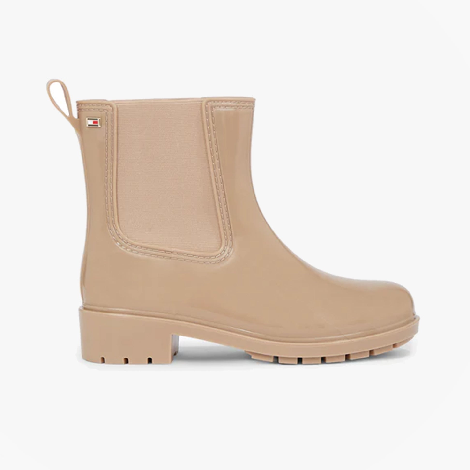 Tommy Hilfiger FLAG Womens Rainboots Beige side view showcasing TPR material and block heel style.