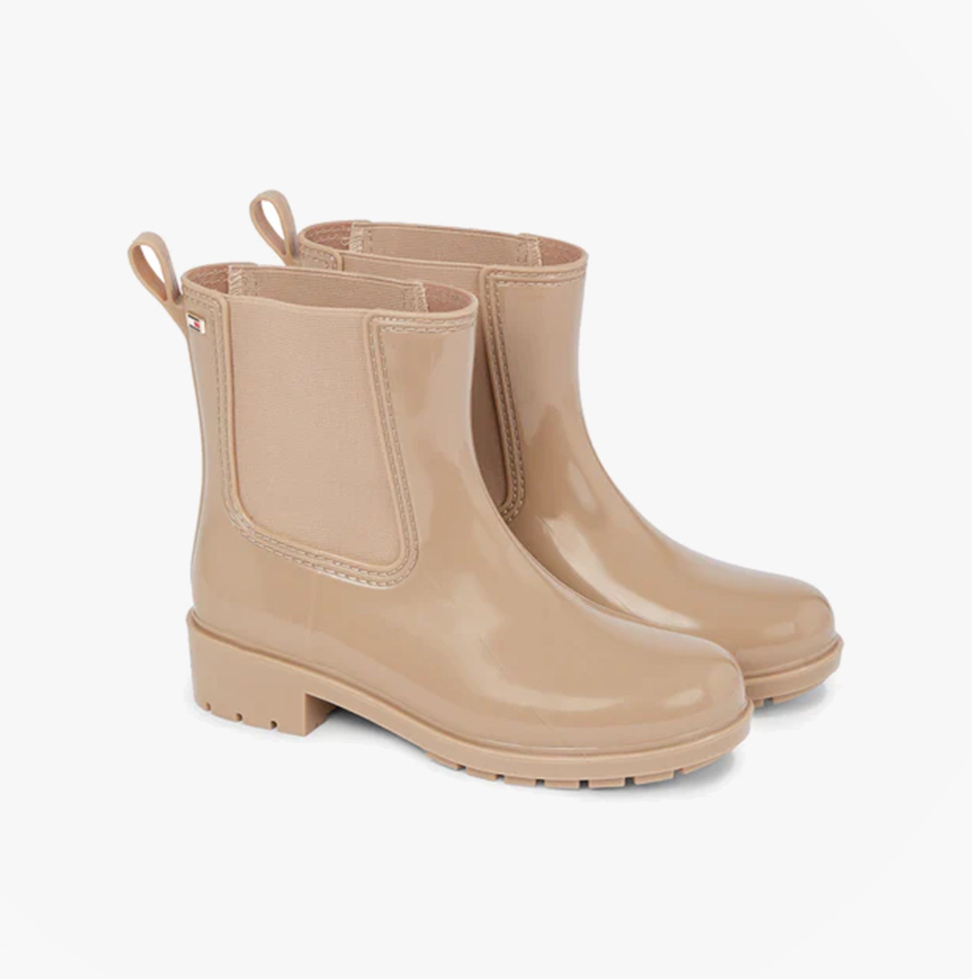 Tommy Hilfiger FLAG Womens Rainboots Beige side view displaying ankle height and block heel design.