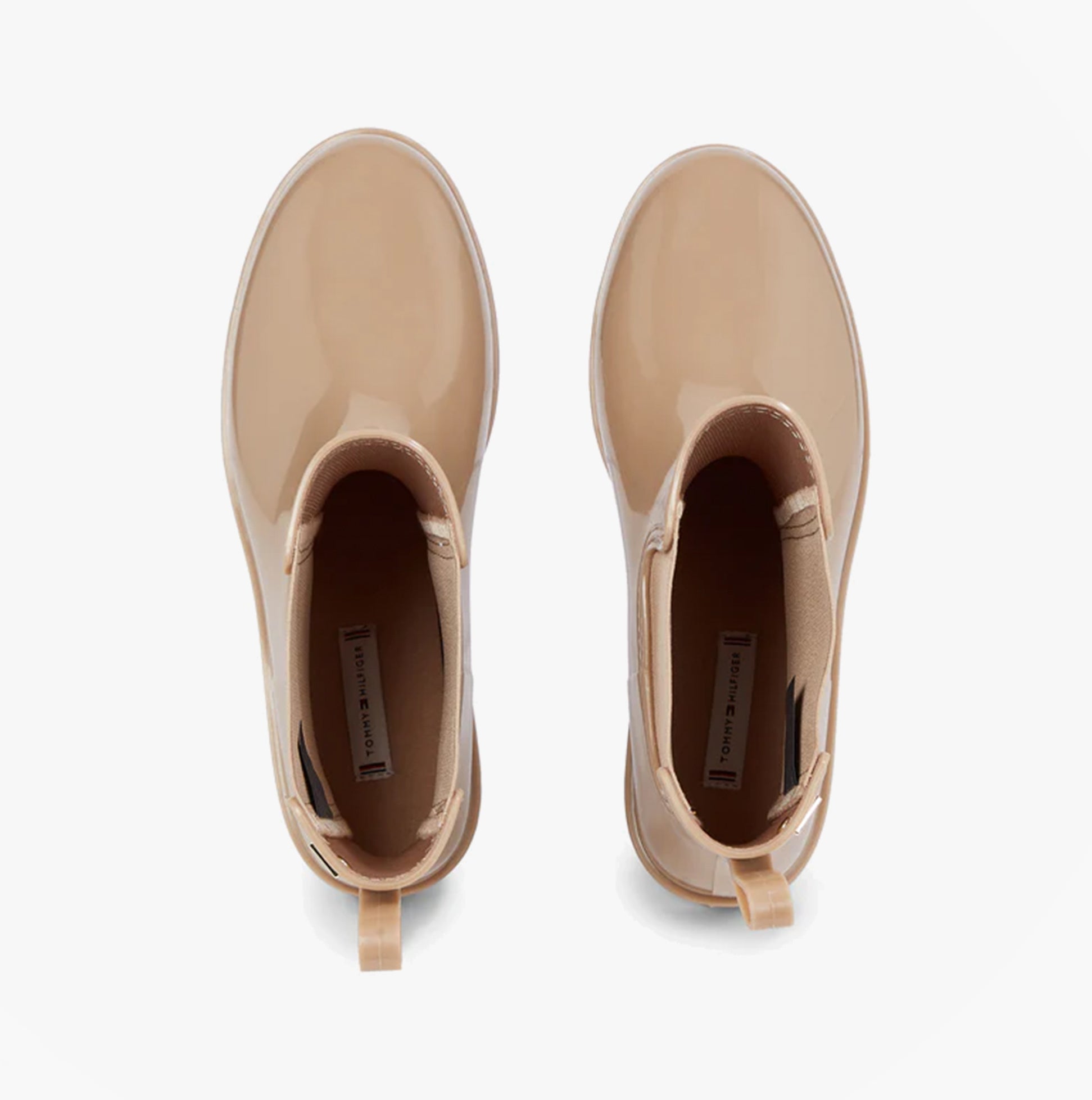 Tommy Hilfiger FLAG Womens Rainboots Beige top view showing glossy finish and ankle height design.
