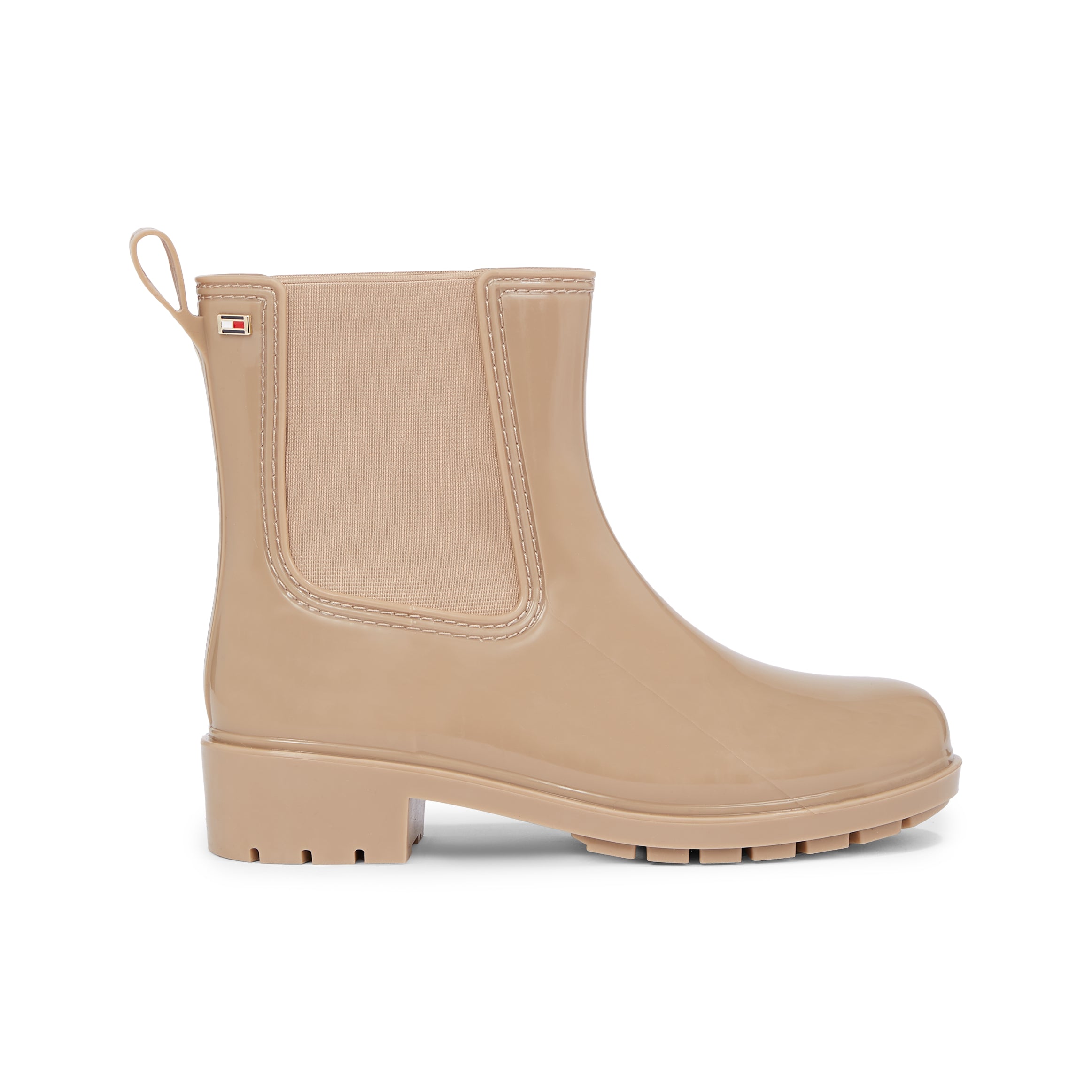 Tommy Hilfiger FLAG Womens Rainboots Beige side view, featuring block heel and elasticated side panel.