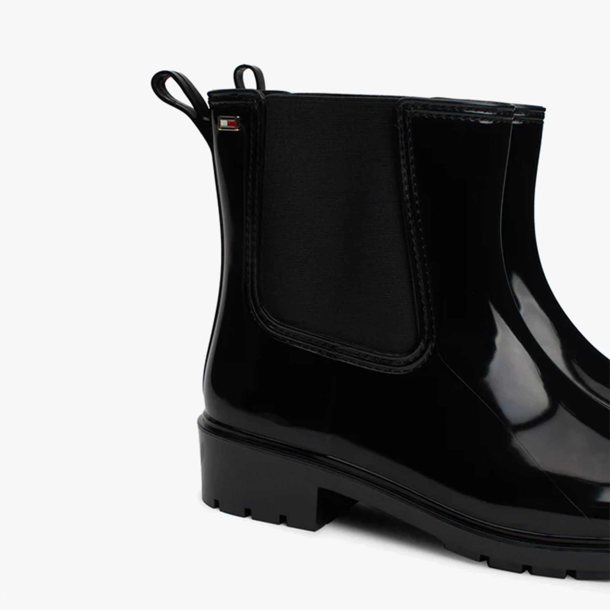 Tommy Hilfiger FLAG Womens Rainboots Black side view showing elasticated side panel and block heel.