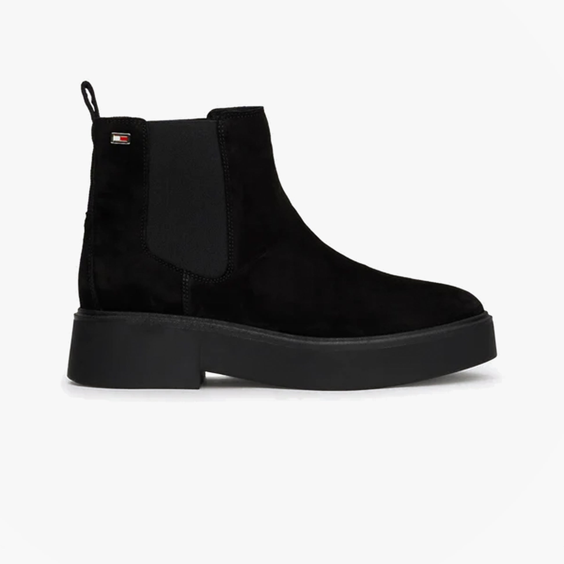 Tommy Hilfiger MINIMAL SUEDE Womens Chelsea Boots Black side view showcasing suede upper and block heel.